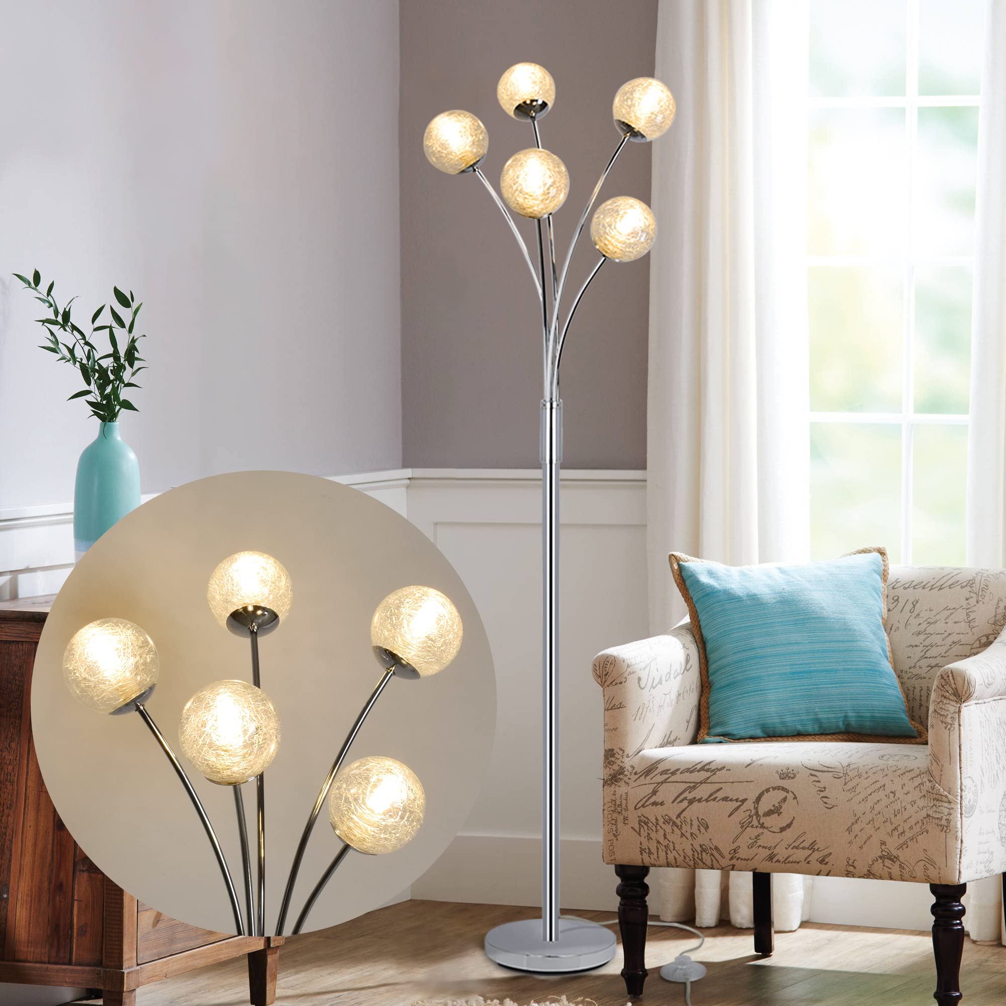 Modern Globe LED Floor Lamp - 5-Light Standing Tree Lamp for Living Room & Bedroom, Tall Pole Accent Lighting for Mid Century & Contemporary Homes, Silver Glass Shade (G9 Bulb Not Included) - Perfect for Reading Nooks, Lounge Areas & Bedside Lighting