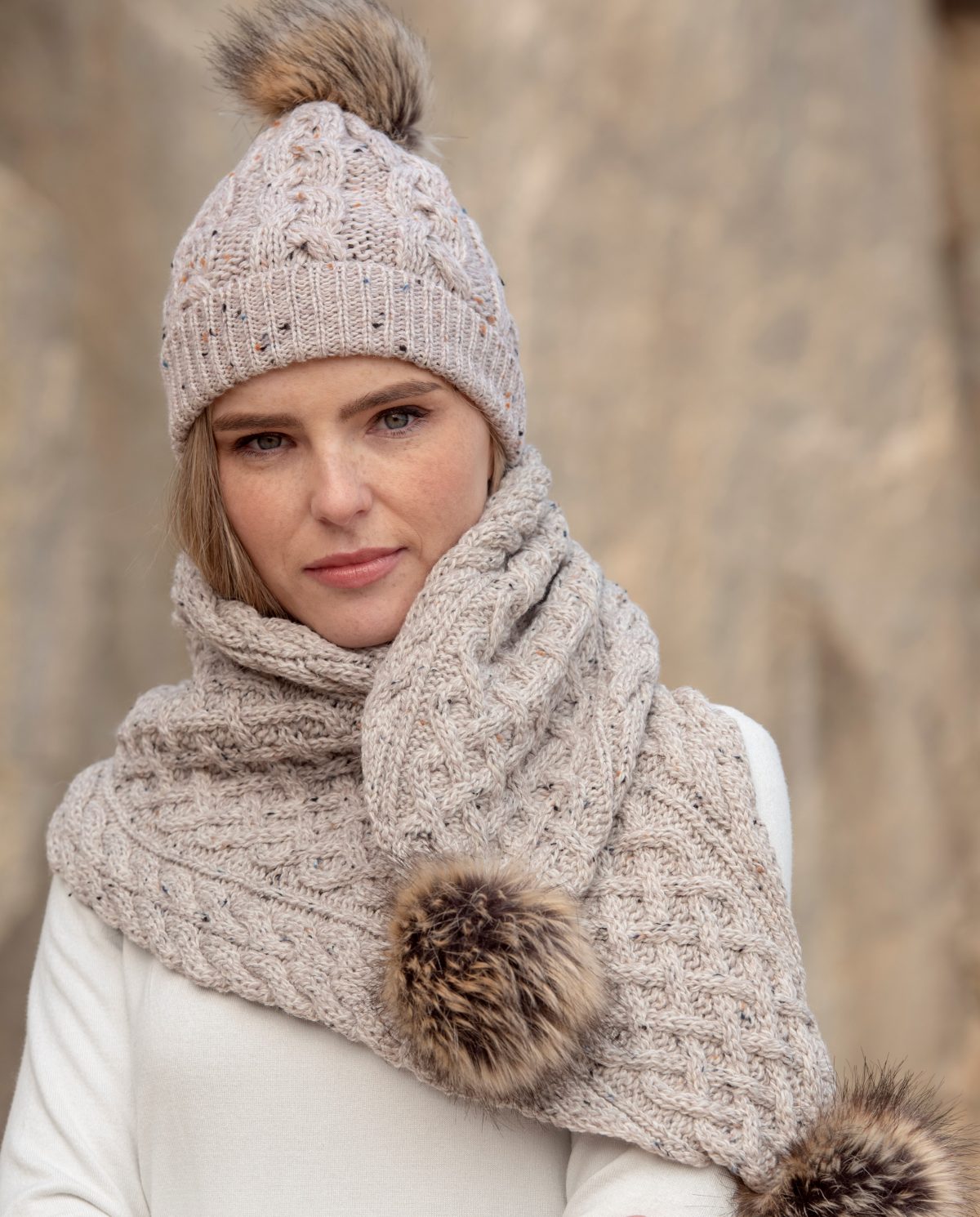 Warm Aran Cable Knit Beanie with Faux Fur Pom Pom - 5 Stylish Colors for Winter Fashion, Outdoor Activities & Cold Weather Protection