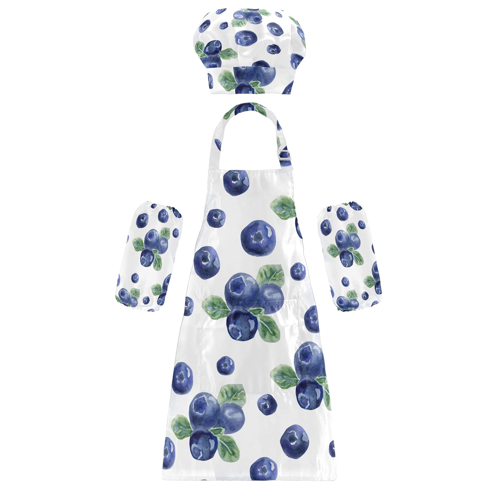 Kids Chef Apron Set with Blueberry Print - Adjustable Cooking Apron & Hat for Boys & Girls - Perfect for Baking, Cooking & Pretend Play in the Kitchen