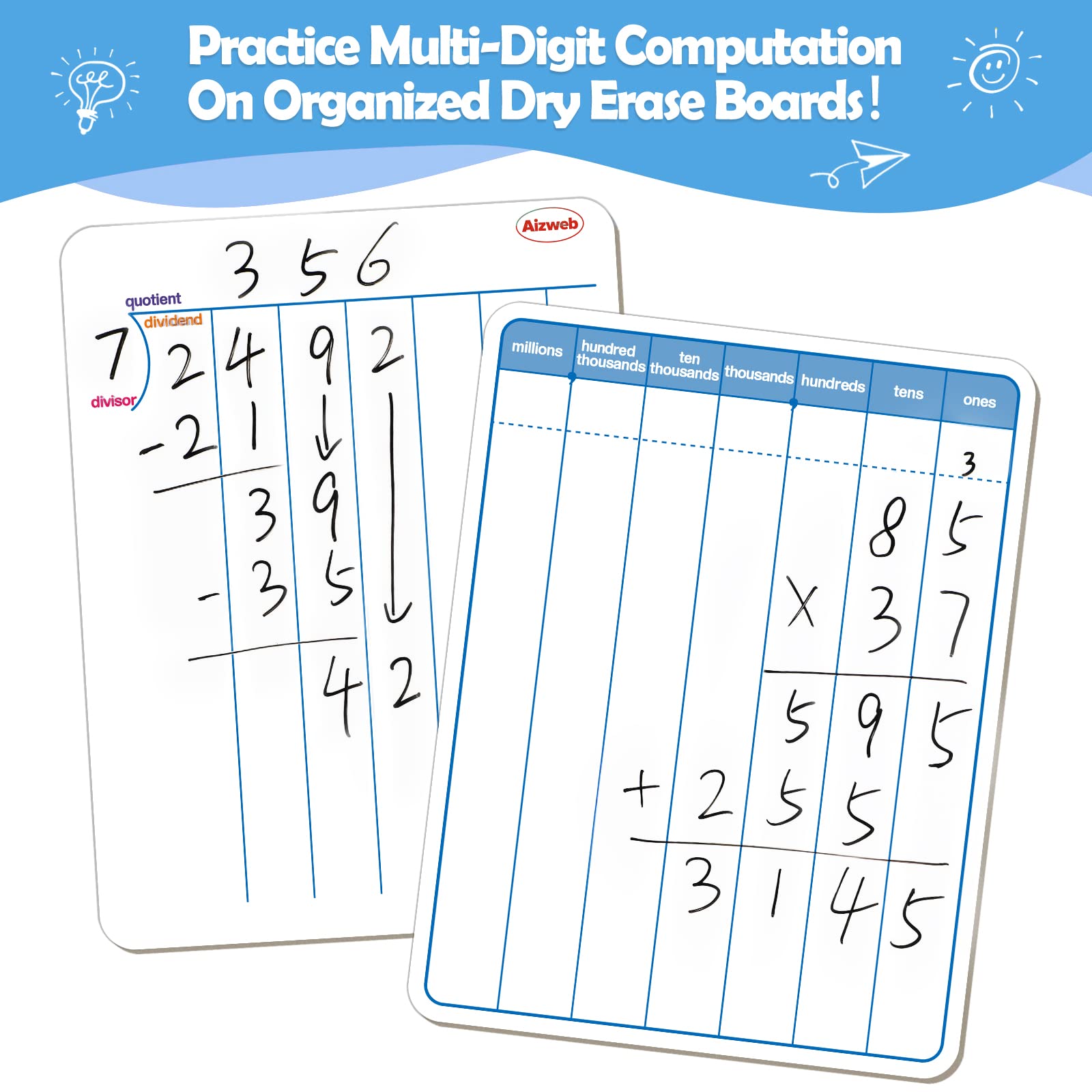 Dry Erase Long Division Whiteboard - Reusable Math Practice Board for Kids & Students - Perfect for Classroom, Homeschool & Learning at Home