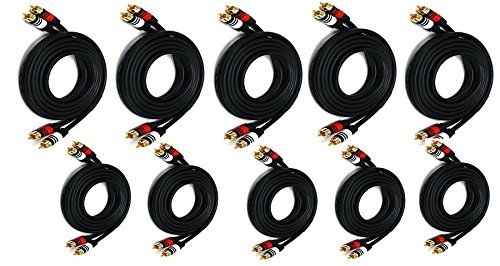 Premium 10-Pack eDragon 2 RCA to 2 RCA Male/Male 22AWG Audio Cables - 12ft Black for Home Theater, Stereo Systems & DJ Equipment