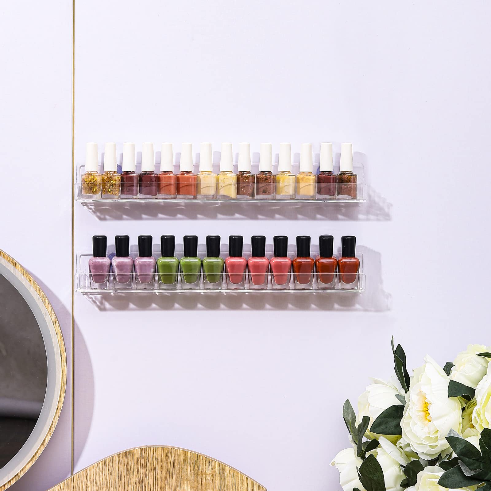 6 Pack Clear Wall Mounted Nail Polish Rack - Holds 72 Bottles, 15 Inch Nail Polish Organizer & Storage Shelf for Nail Technicians - Perfect for Salon, Spa, Home & Professional Nail Art Display