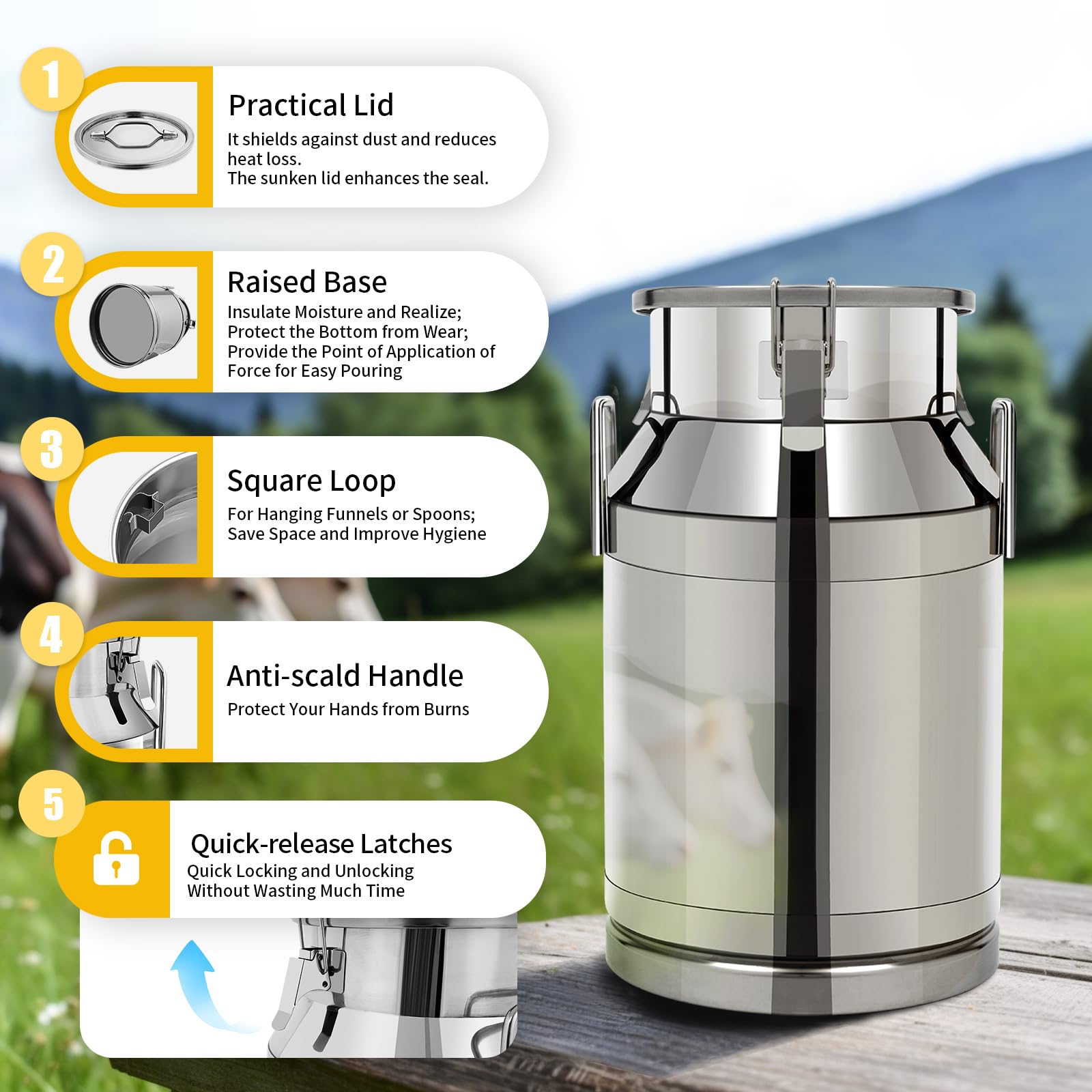 LOYALHEARTDY 60L/15.8 Gallon Stainless Steel Milk Can with Lid - Airtight Universal Metal Storage Jug for Liquids, Solids & Ice - Perfect for Kitchen, Restaurant, Camping & Farm Use