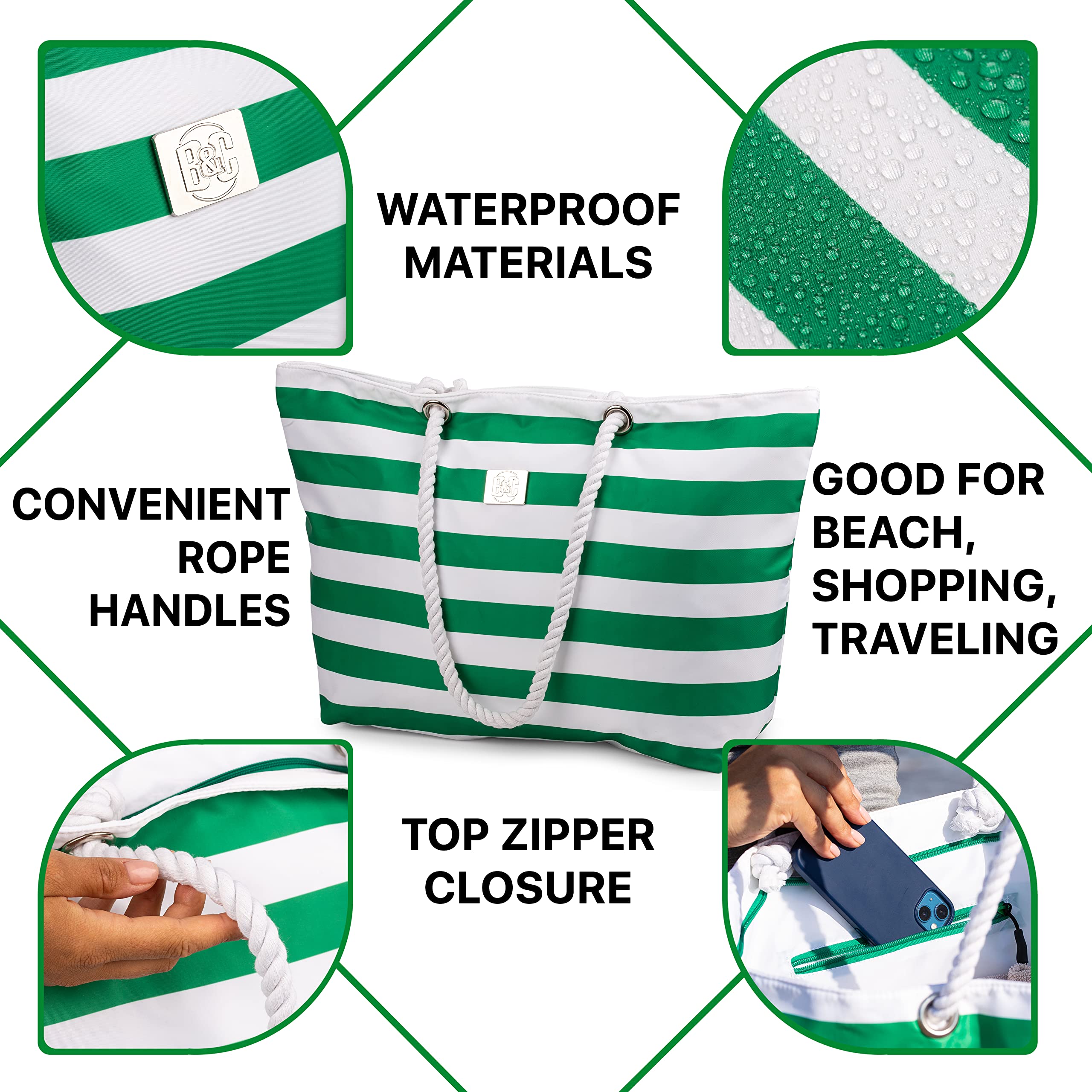 Waterproof XL Beach Tote Bag with Zipper & Pockets - Perfect for Travel & Pool Days