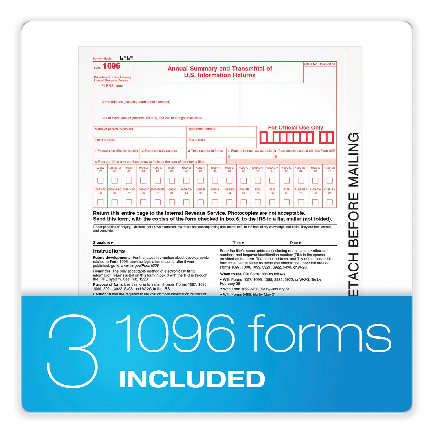 Adams® 1099 NEC & 1096 Tax Form Bundle - 2023 Fiscal Year - Inkjet/Laser Compatible - 5 Part Carbonless - 8.5