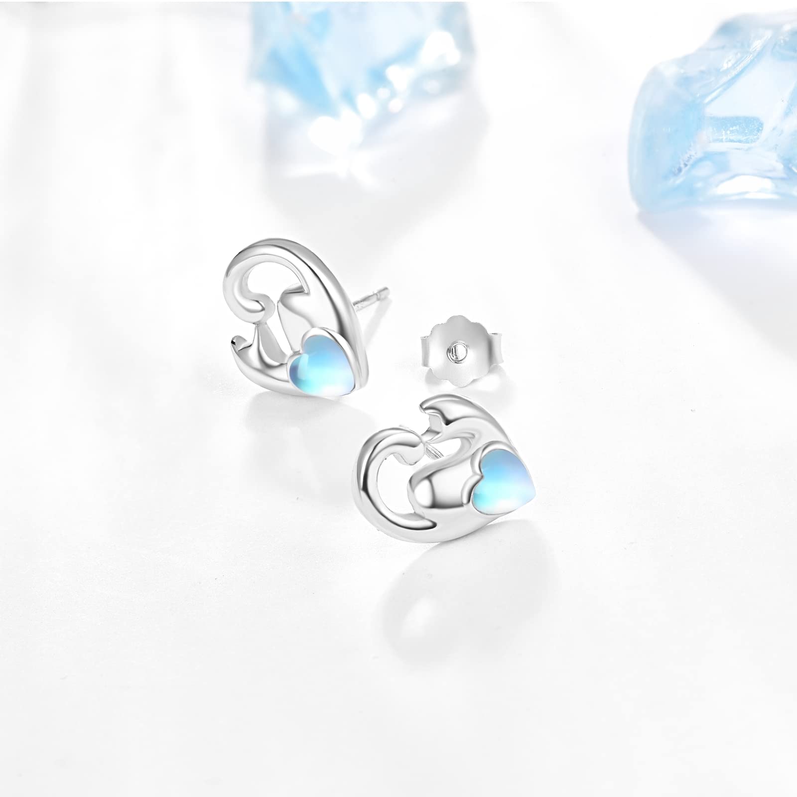 DreamBoat Sterling Silver Cat Stud Earrings for Women - Cute Kitten & Moonstone Heart Jewelry - Perfect Gift for Cat Lovers & Animal Jewelry Enthusiasts - Ideal for Casual Wear, Date Nights & Special Occasions