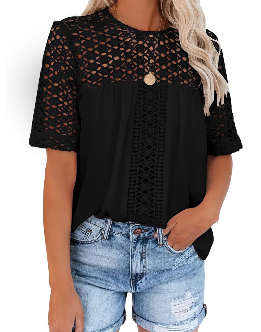 Dyexces Women's Summer Lace Short Sleeve Blouse - Elegant Eyelet Tunic Top for Casual & Dressy Occasions | Perfect for Office, Date Night & Summer Outings