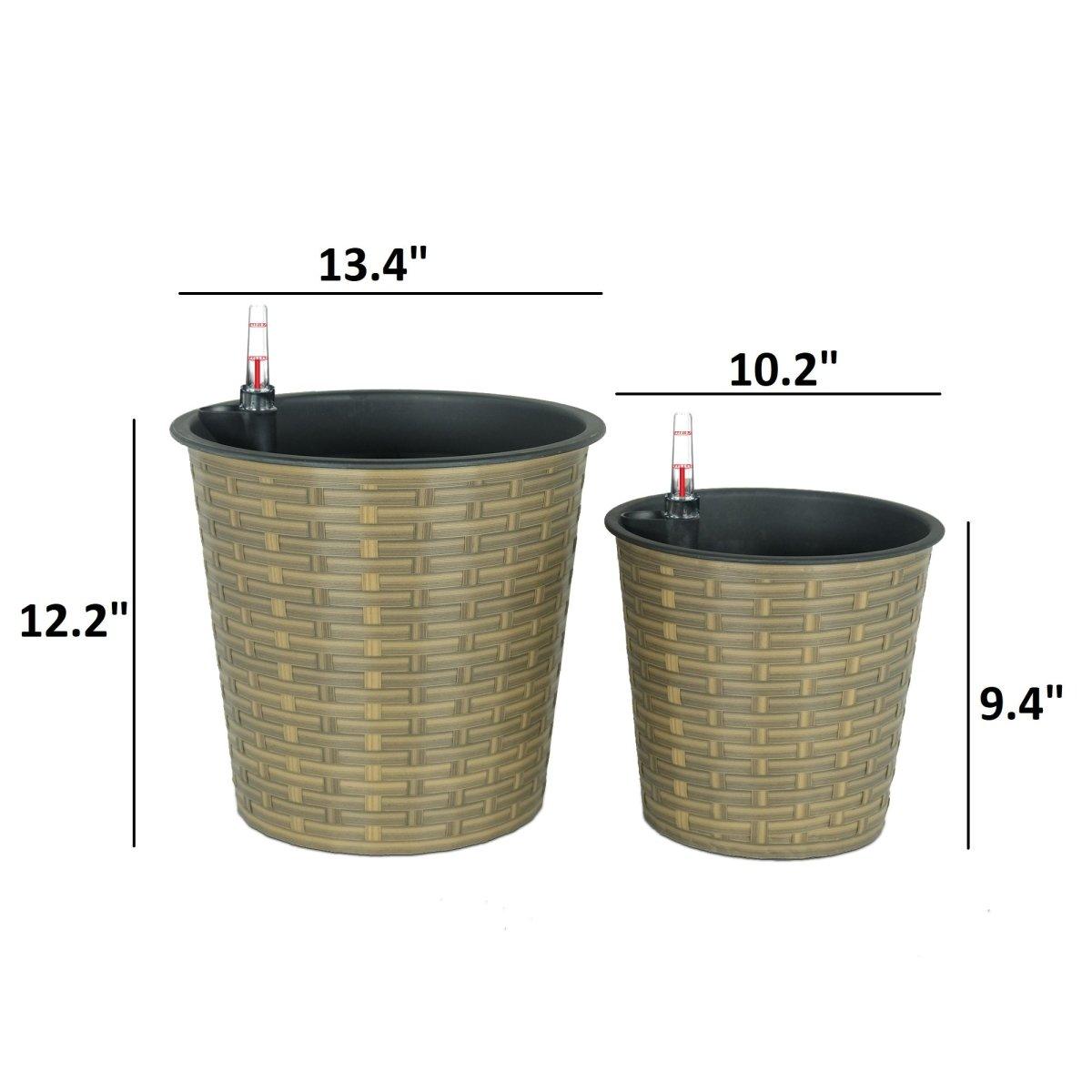 2 Pack Catleza Self-Watering Wicker Planters - Round Decorative Flower Pots for Indoor & Outdoor Use - Perfect for Home, Office, Patio, and Garden Decor