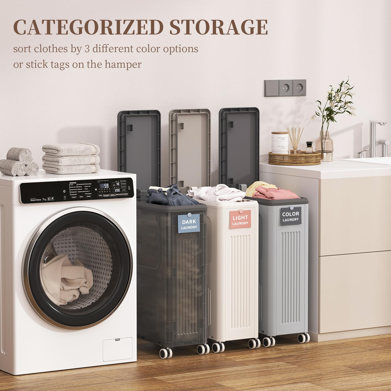 50L Plastic Laundry Basket with Wheels & Lid - Slim Laundry Hamper for Narrow Spaces - Easy Roll Handle for Bedroom, Dorm & Laundry Room - Perfect for Small Apartments & College Students