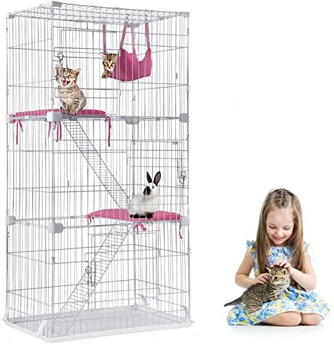 Large 67-Inch White Cat Playpen Cage with Hammock, 3 Cat Beds, 3 Front Doors & 2 Ramp Ladders - Indoor Cat Kennel with Perching Shelves for Play, Rest & Multi-Cat Homes