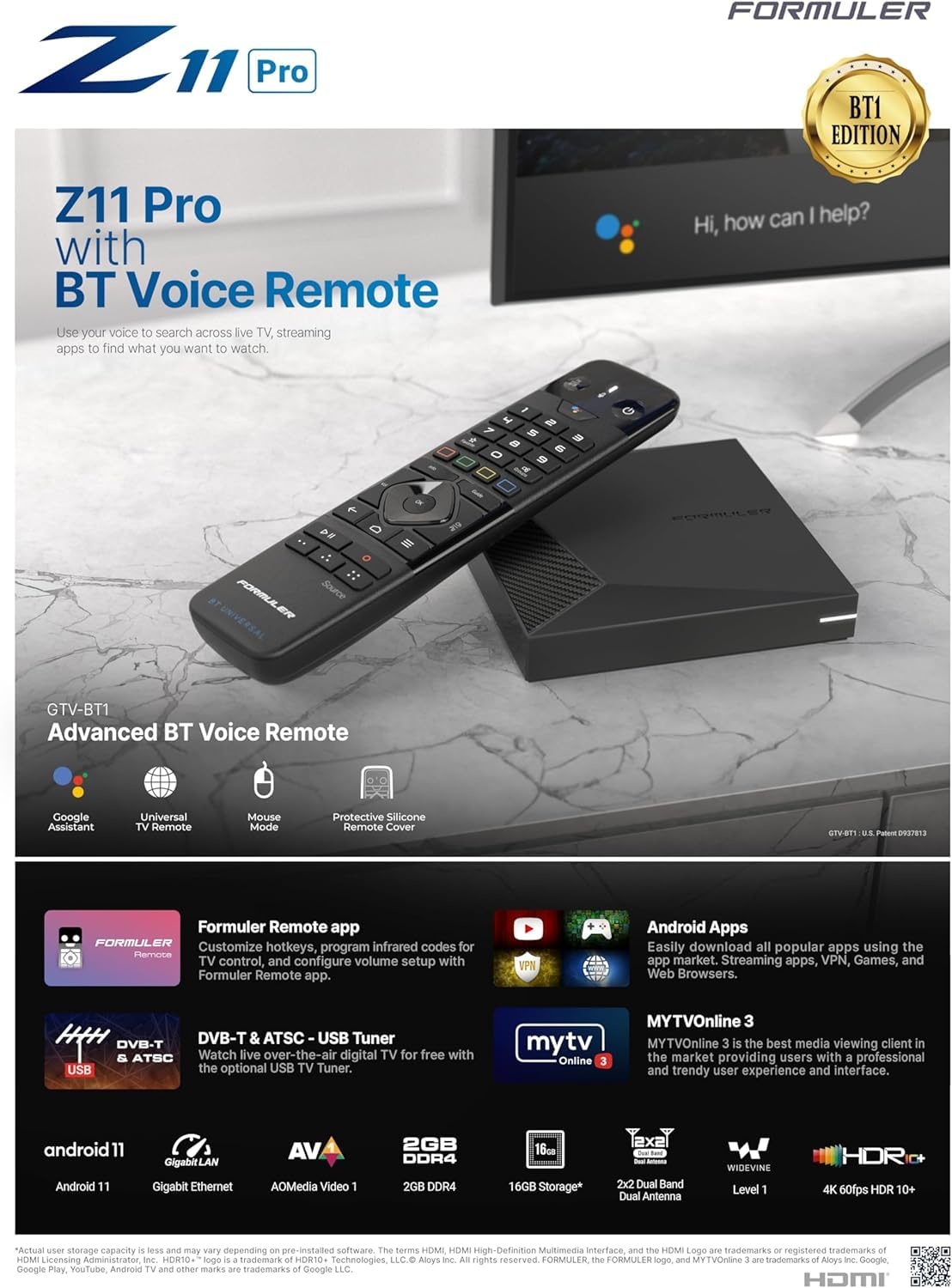 Formuler Z11 Pro BT1 Bluetooth Edition Android TV Box with GTV-BT1 Remote | Android 11 | MyTVOnline 3 | 4K UHD Streaming | Official UK Version | Perfect for Home Entertainment & IPTV Streaming