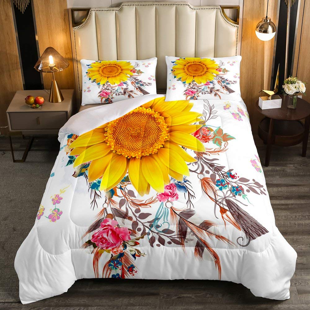 Sunflower Comforter Set Twin Size - Yellow Rose Quilted Duvet Cover with Dream Catcher Design | Feather Lightweight Bedding for Girls, Women & Kids Room Decor | Perfect for Spring & Summer Bedroom Refresh