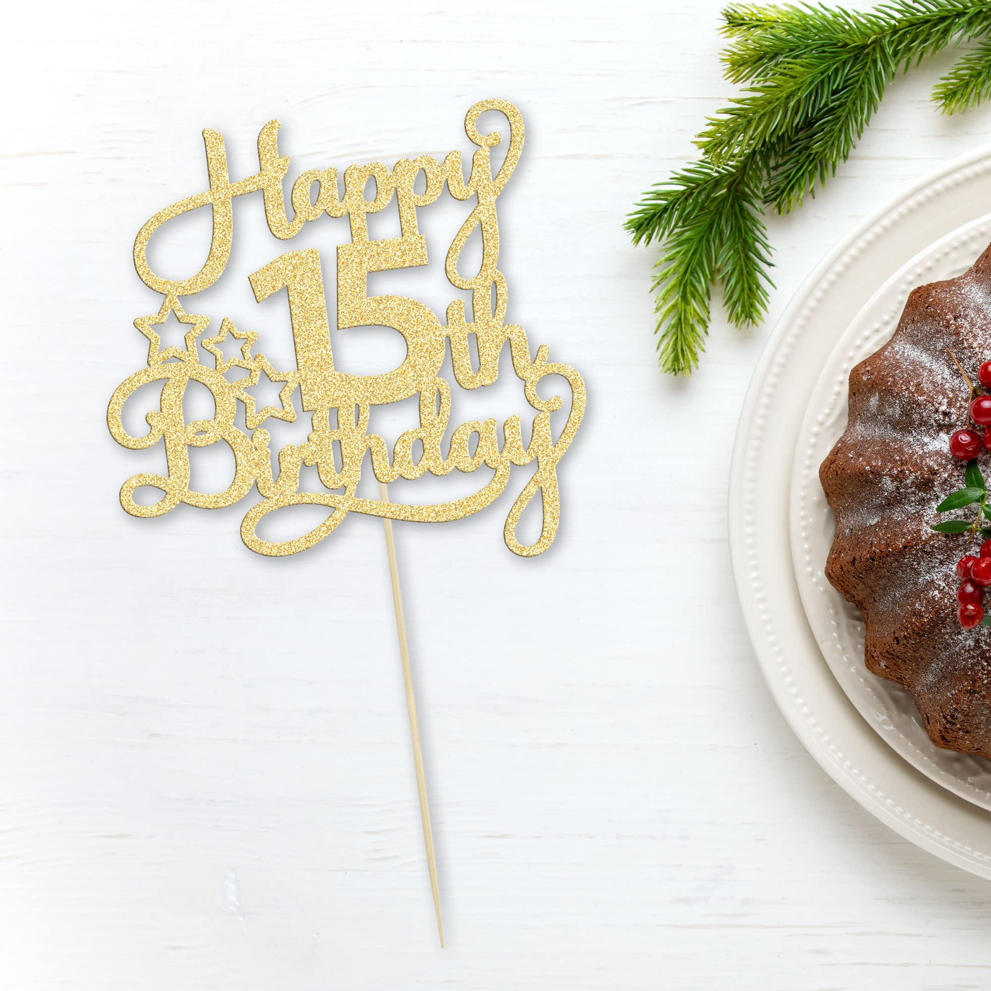 1 Pack Gold Glitter Happy 15th Birthday Cake Topper - 'Mis Quince' & '15 Cheers to 15 Years' Cake Decorations for Sweet 15 Party, Anniversary Celebration, Quinceañera Decor