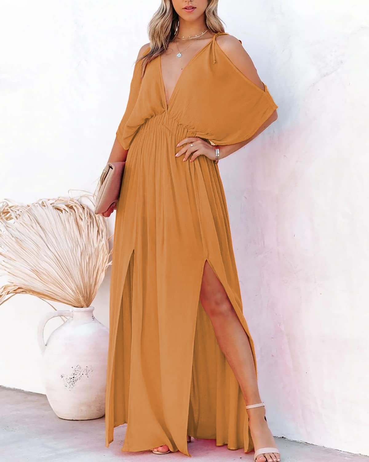 DEEP SELF Women's Summer V-Neck Cold Shoulder Short Sleeve Maxi Dress - High Waist Split Long Dress for Wedding Guest, Beach Party & Date Night