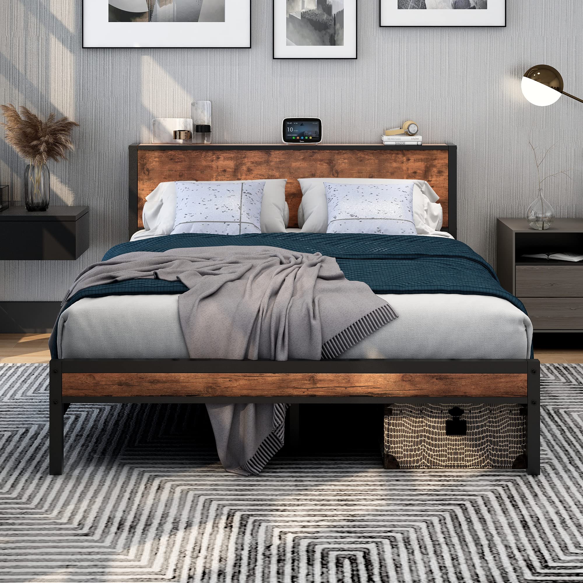 DUMEE Queen Size Bed Frame with Wood Storage Headboard - Sturdy Metal Platform Bed Foundation, No Box Spring Needed, Noise Free, Black & Rustic Brown - Perfect for Small Bedrooms, Guest Rooms & Modern Apartments