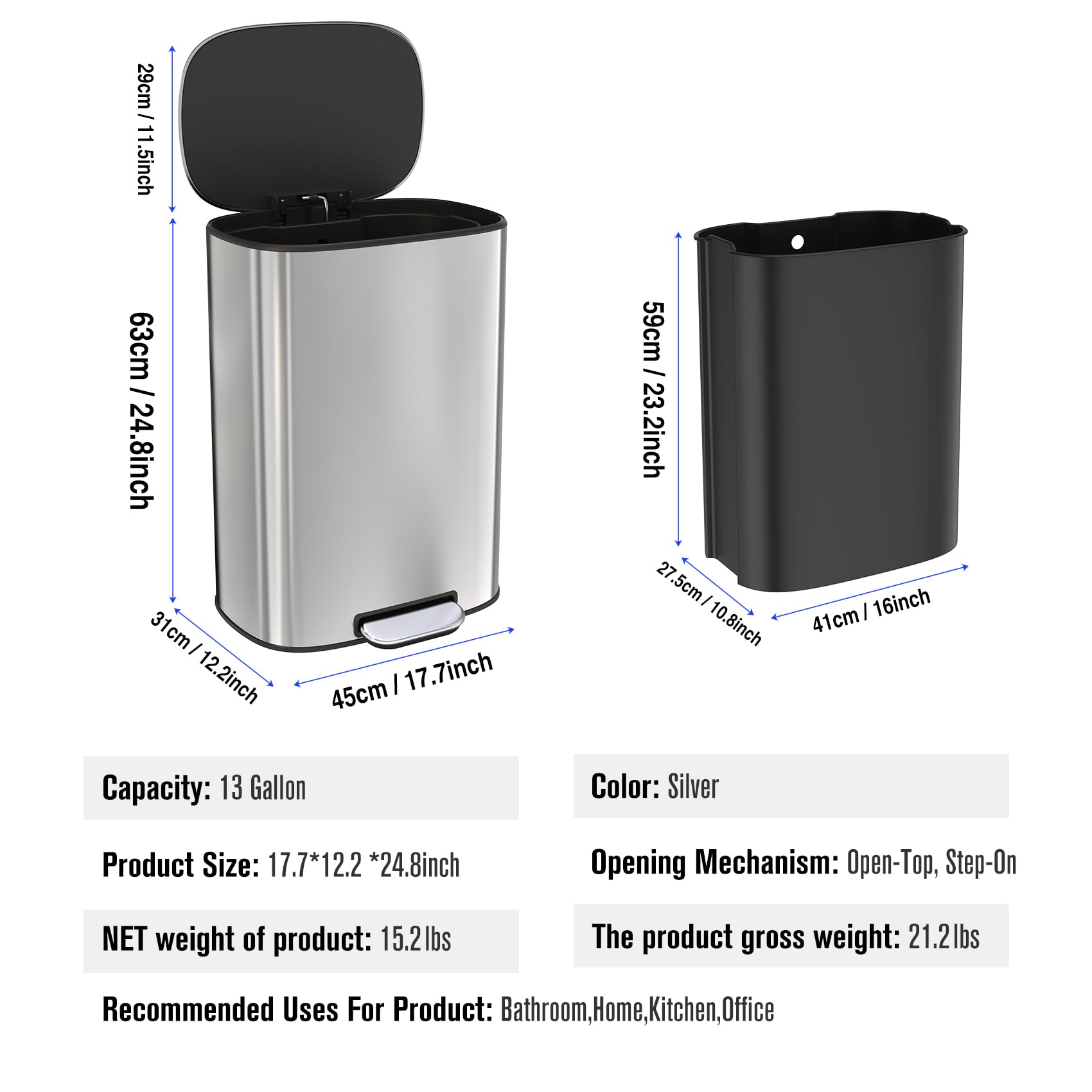13 Gallon Stainless Steel Foot Pedal Trash Can with Soft Close Quiet Lid, Heavy Duty Oval Garbage Bin with 30 Bags - Perfect for Kitchen, Office, Bathroom & Commercial Use (Silver)