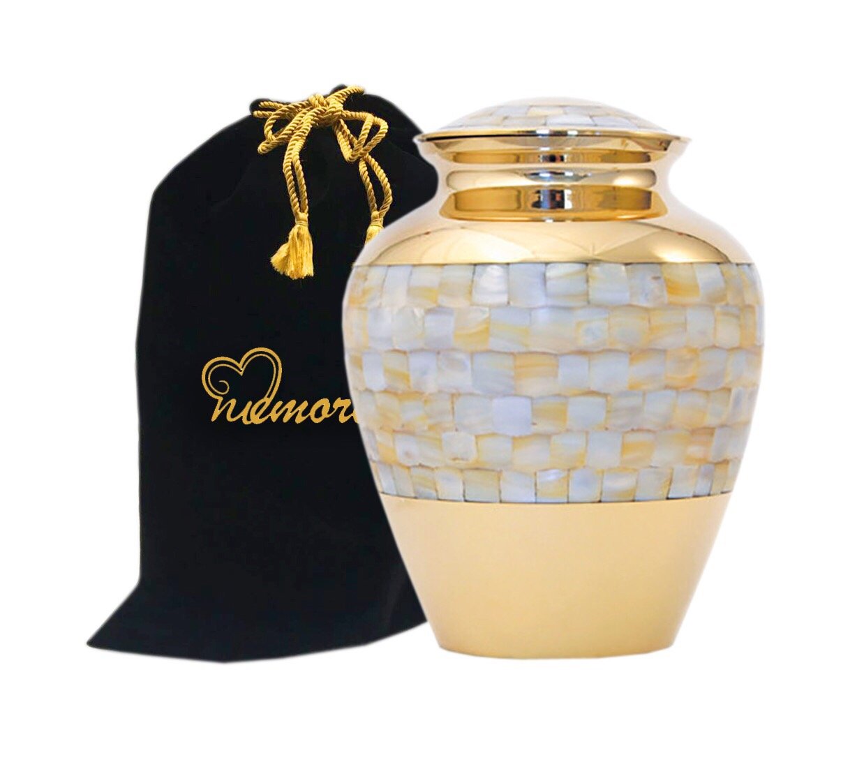 Premium Handcrafted Mother of Pearl Cremation Urn for Adults - Solid Brass Human Ashes Urn with Free Velvet Bag - Elegant Memorial Urn for Funeral, Home Display & Scattering Ceremonies
