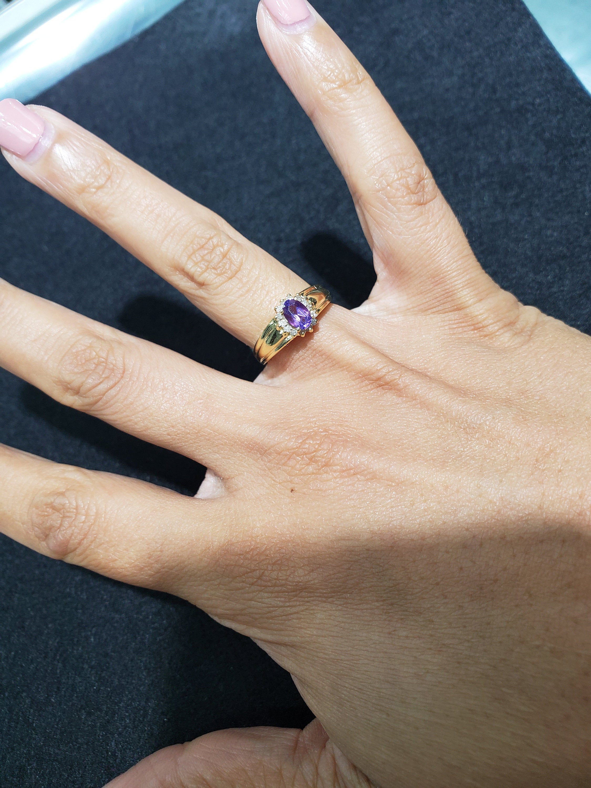 14K Yellow Gold Amethyst Diamond Halo Ring for Women - Elegant Engagement, Anniversary & Wedding Jewelry Gift