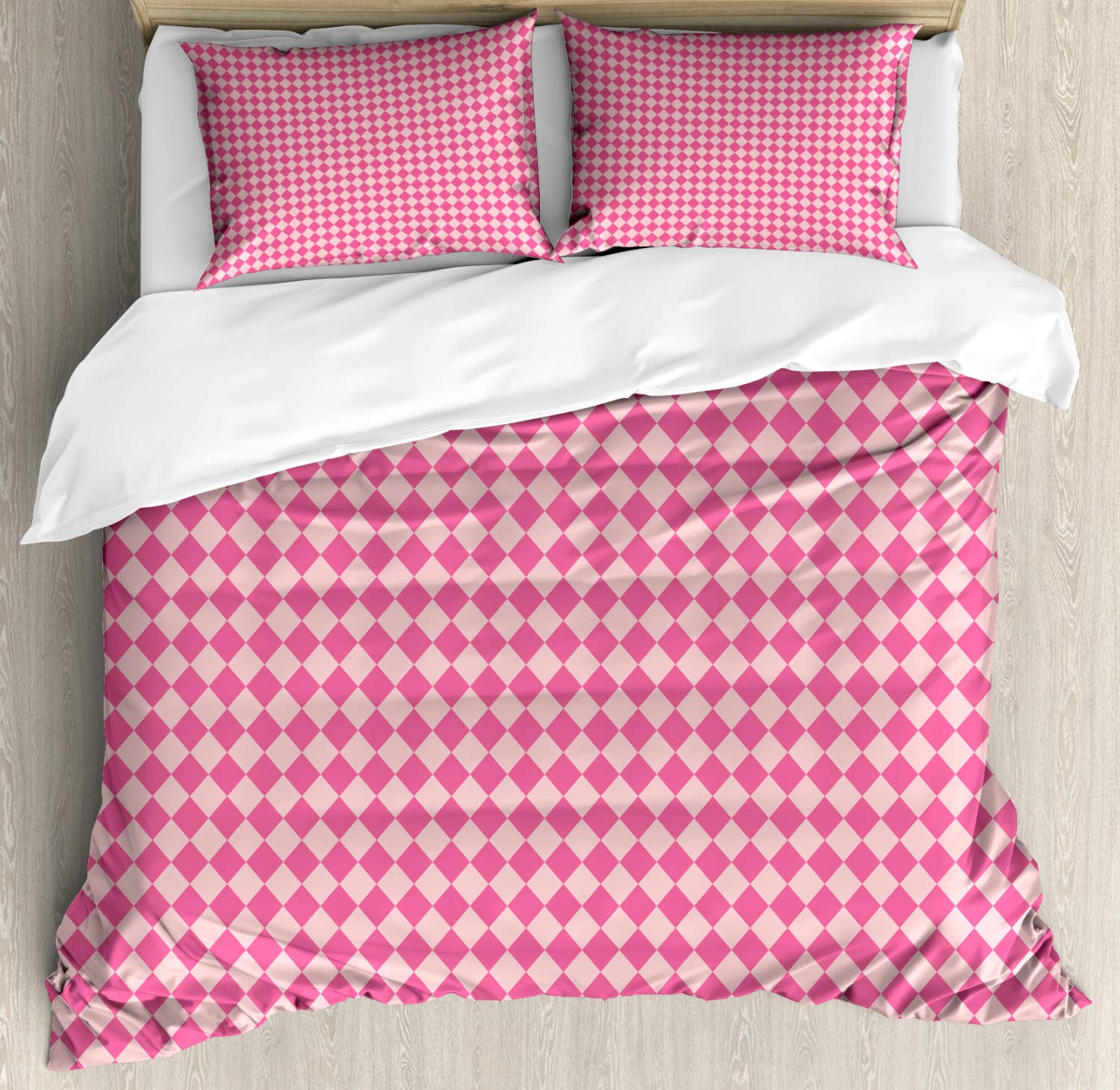 Ambesonne Geometric Rhombus Duvet Cover Set - Pink Monochrome Argyle Feminine Design, 3-Piece Queen Size Bedding with 2 Pillow Shams in Blush Pink | Perfect for Modern Bedrooms, Guest Rooms & Teen Girls' Rooms