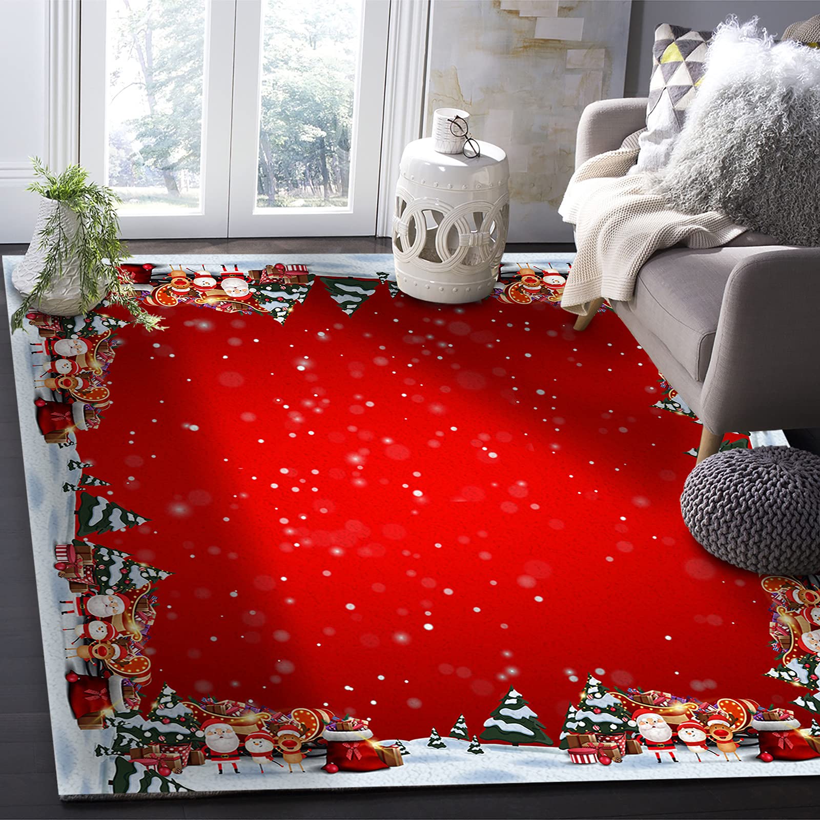 Modern Rectangle Indoor Area Rug - Soft Christmas Themed Carpet with Santa, Snowman, Elk & Xmas Tree - Non-Slip Floor Mat for Kitchen, Living Room, Kids Play Area - Holiday Home Decor & Comfort Runner