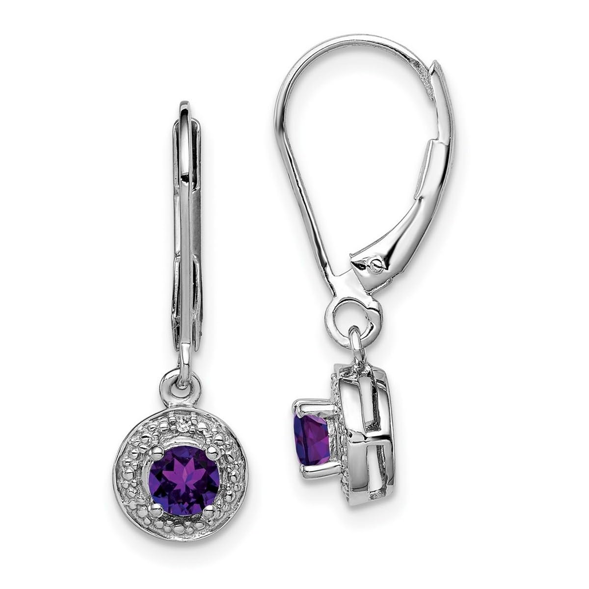 925 Sterling Silver Dangle Polished Leverback Diamond and Amethyst Earrings for Women - 26x7mm Wide Elegant Drop Earrings for Party, Wedding & Evening Occasions