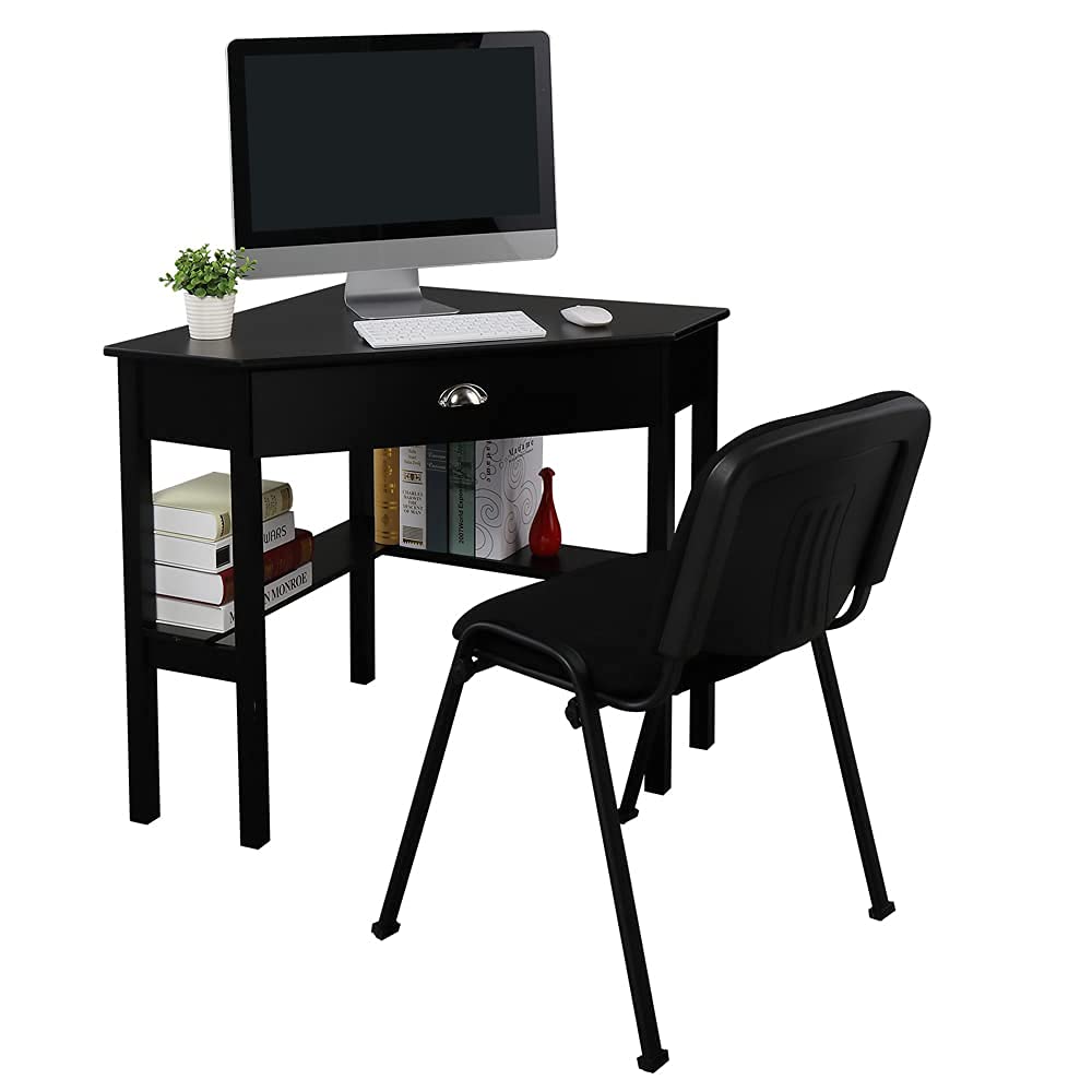VINGLI Black Corner Desk with Drawer & Storage Shelves - 90° Home Office Computer Desk, Small Space Study Table for Students, Bedroom Makeup Vanity | Perfect for Compact Rooms, Dormitories & Home Workspaces