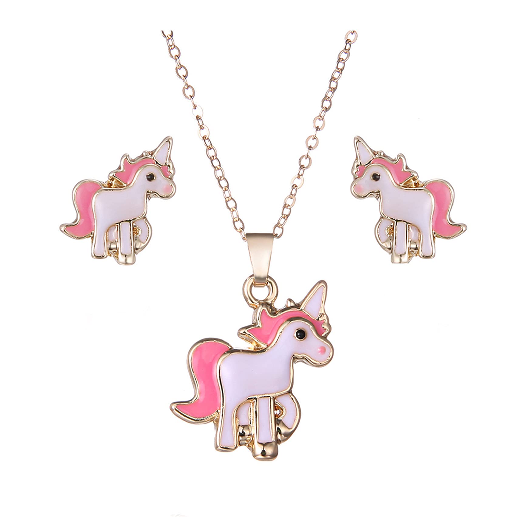 Pink Unicorn Pendant Necklace & Stud Earrings Set for Girls - Cute Birthday Christmas Jewelry Gift for Daughter, Teen, Kids - Perfect for Back to School, Party, Everyday Wear