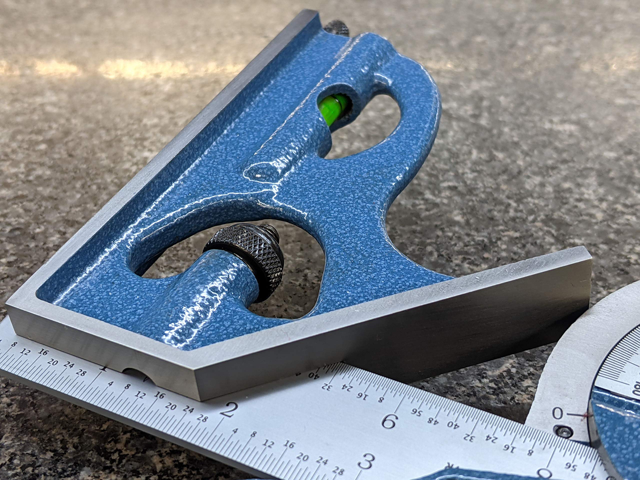 PEC 12-Inch Cast Iron 4-Piece Combination Square Set with Reversing Protractor - Precision Markings (1/32