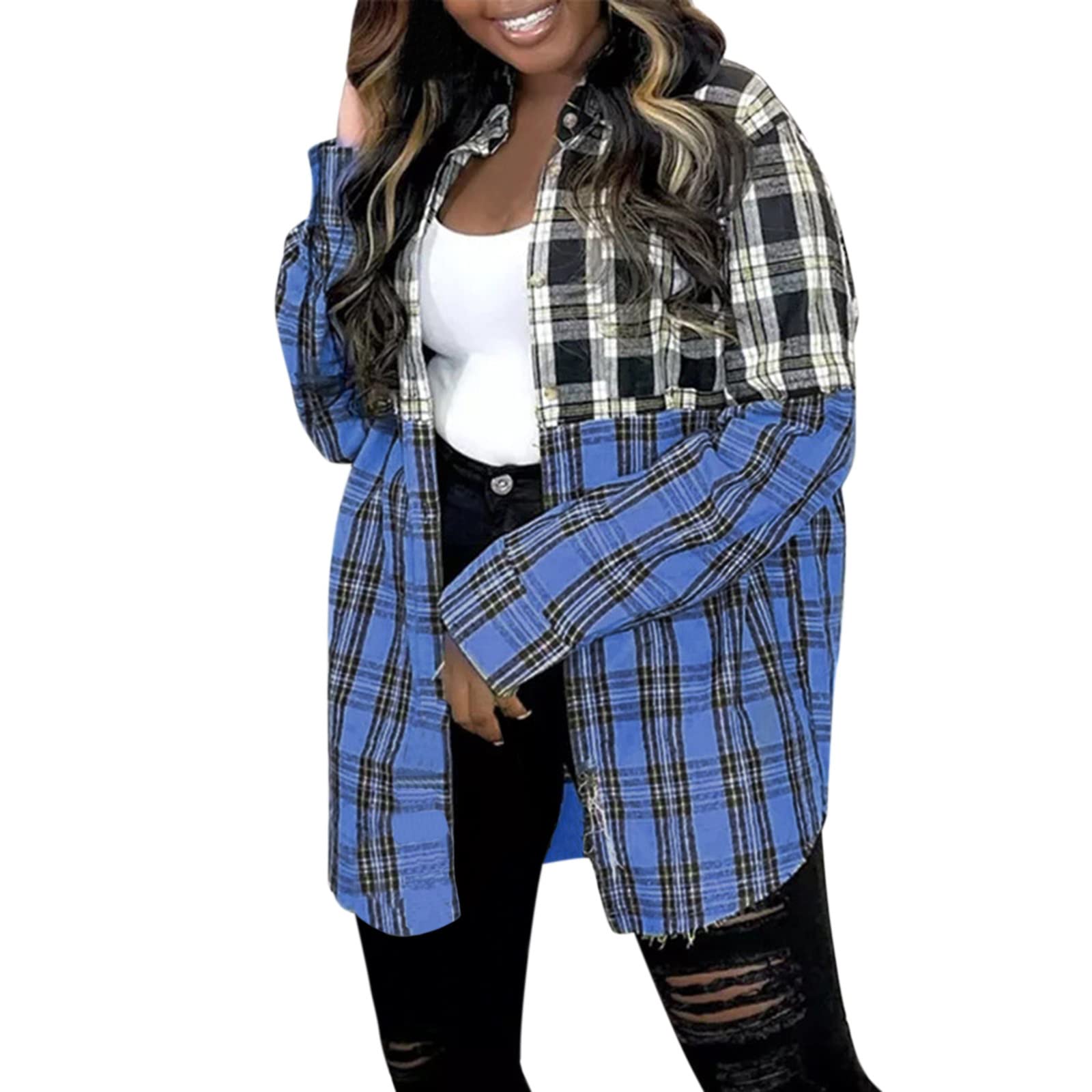 Women's Plaid Flannel Shirt Jacket - Long Sleeve Button Down Lapel Shacket Coat for Casual Wear & Outdoor Activities