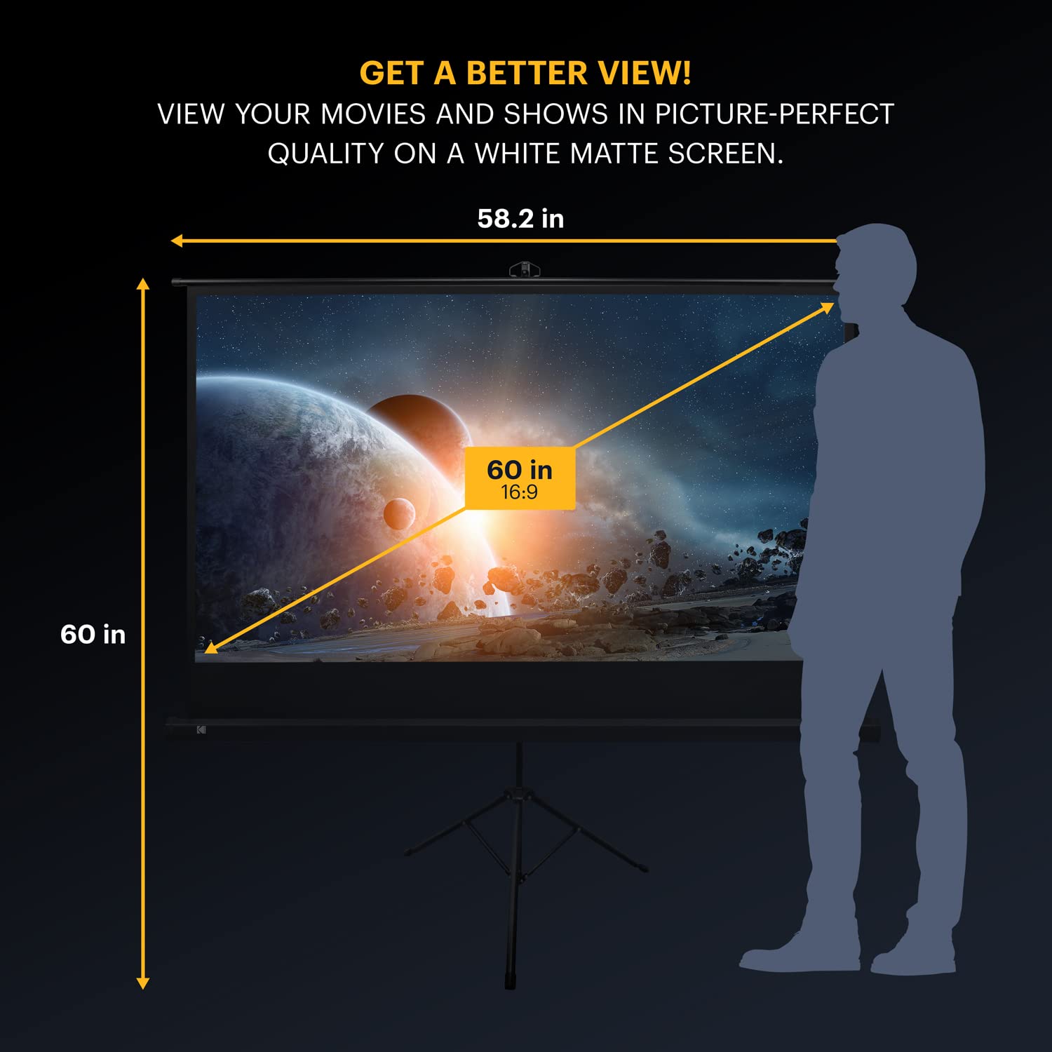 KODAK 60 Inch Pull Down Projector Screen with Stand - Adjustable Tripod, White Matte Fabric for Indoor & Outdoor Movies - Lightweight Portable Projection Screen with Carry Case - Perfect for Home Theater, Backyard Movie Nights and Classroom Presentations