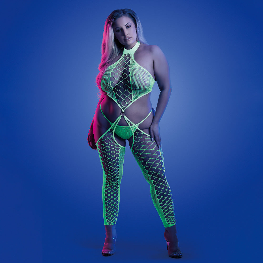 Fantasy Lingerie Glow High Voltage Fishnet Bodystocking & Thong Set for Curvy Women - Sexy Nightwear for Date Nights & Boudoir Photography