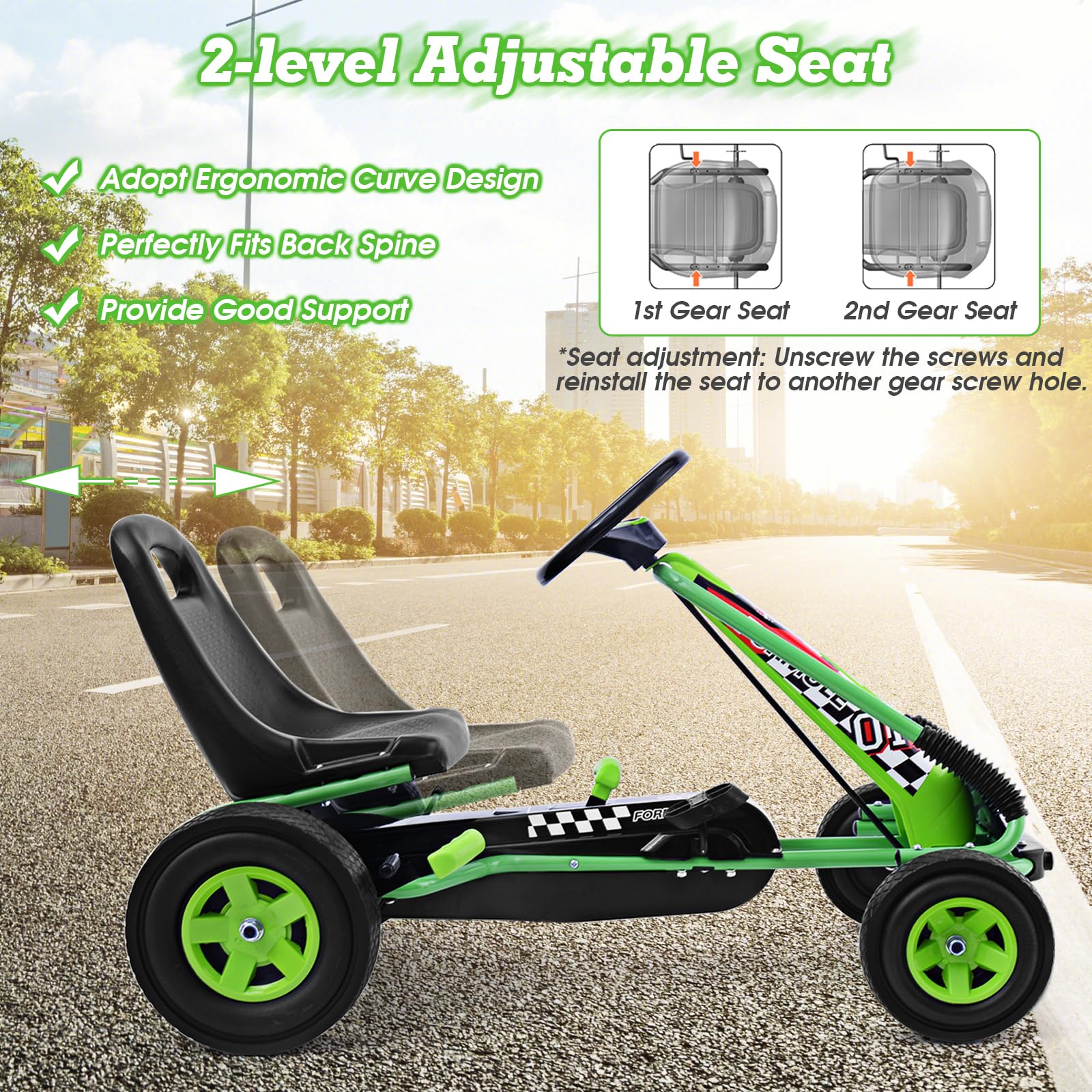 **HONEY JOY Kids Go Kart - Adjustable Seat, Safety Brakes & EVA Tires - Green Pedal-Powered Ride-On Car for Outdoor Play and Backyard Fun**