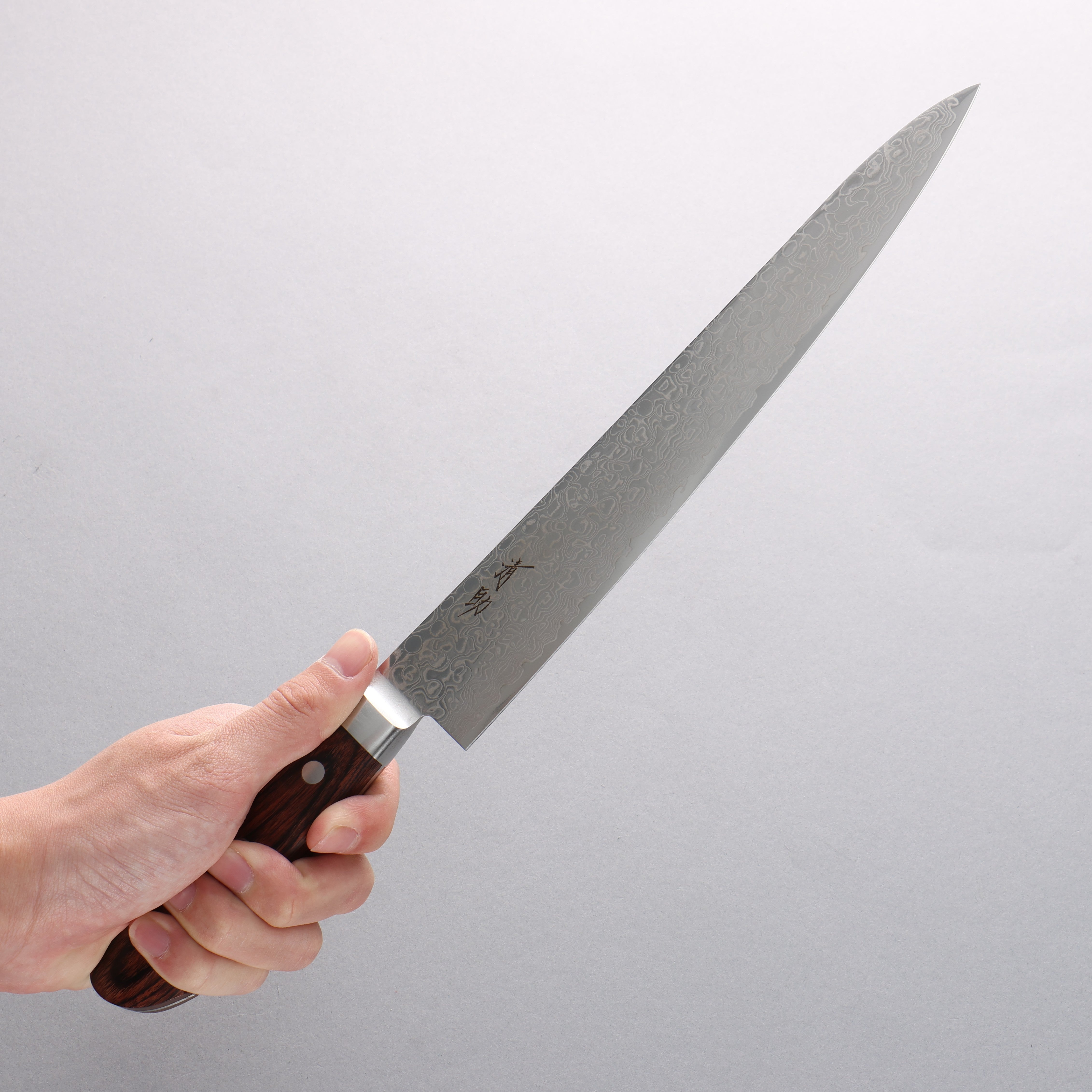 Premium Seisuke Mokusei ZA 18 Mirrored Finish Damascus Sujihiki Knife 240mm - Brown Pakkawood Handle - Japanese Chef Knife for Slicing Meat, Fish & Sushi - Professional Kitchen & Home Cooking Essential