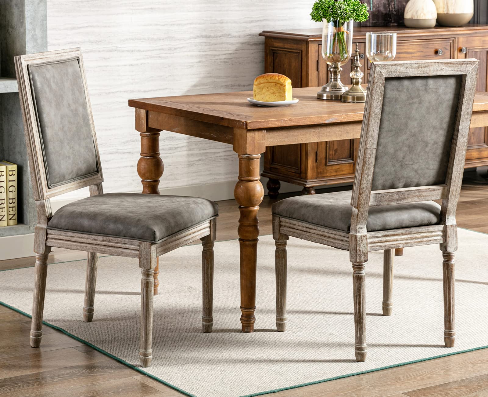 Kmax PU Leather Dining Chairs Set of 2 - French Farmhouse Style Square Back Chairs for Kitchen, Living Room & Dining Room - Comfortable Grey Seating for Home Decor & Entertaining