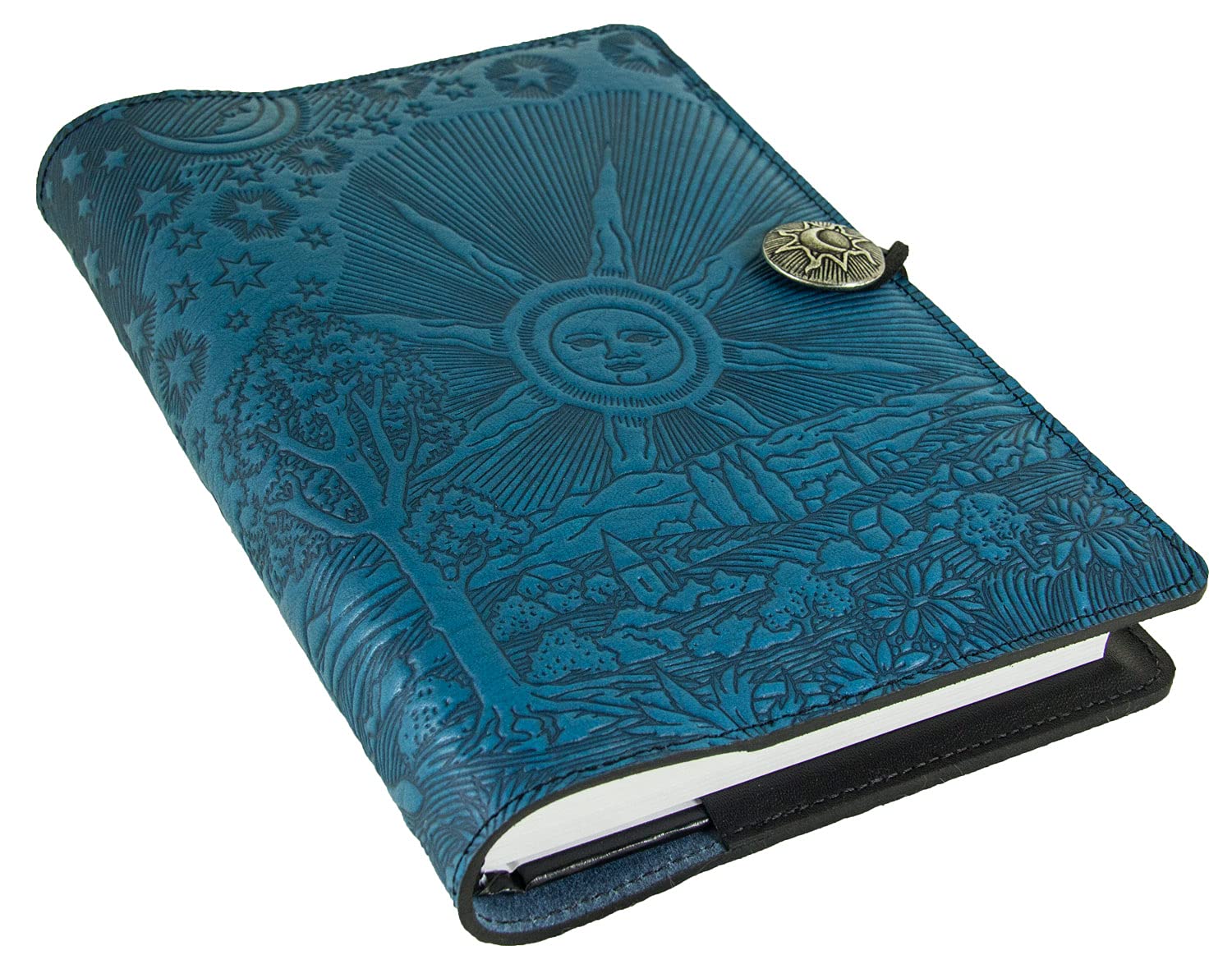 Oberon Design Genuine Leather Refillable Journal Cover with Hardbound Blank Notebook - 6x9 Inches, Roof of Heaven Blue with Pewter Button - Handmade in USA - Perfect for Writing, Sketching & Gift Giving