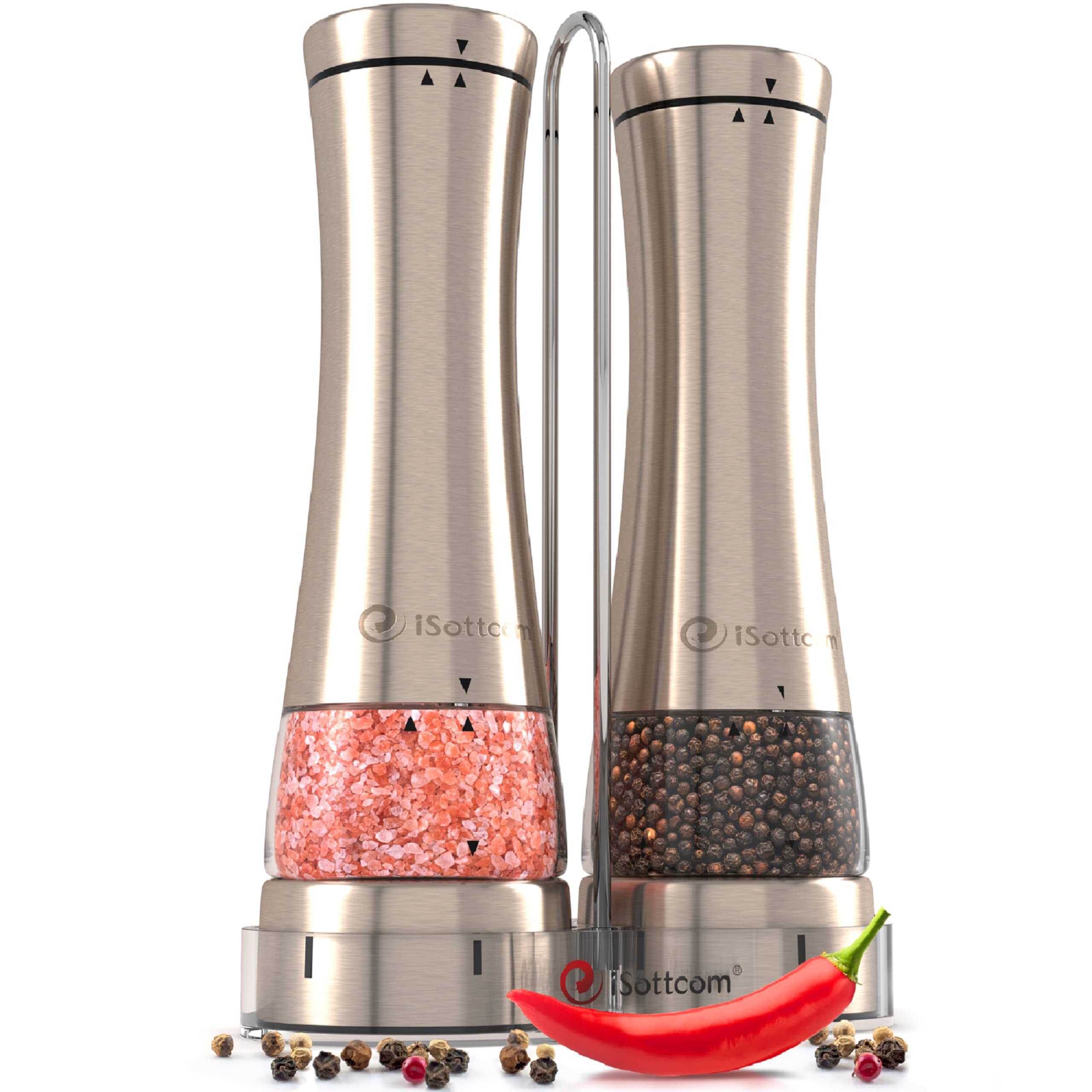 Premium Electric Salt and Pepper Grinder Set - 2 Stainless Steel Battery-Powered Mills with LED Light & Stand - Adjustable Coarse Seasoning for Kitchen, Dining Table & Outdoor BBQ