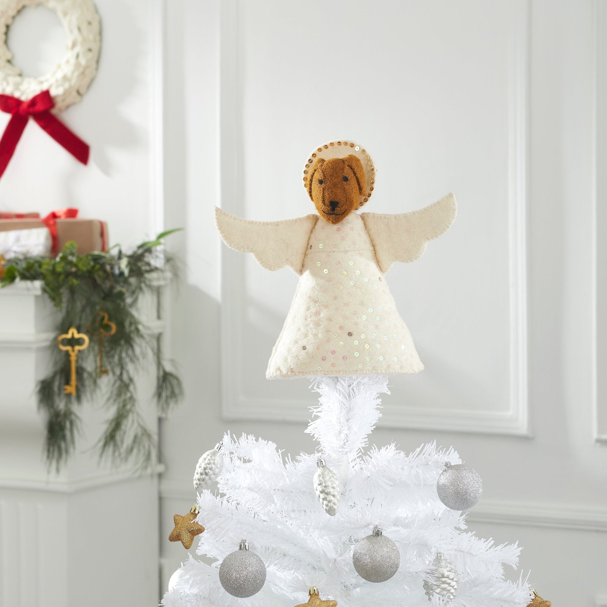 Handmade Brown Dog Angel Felt Christmas Tree Topper - Perfect for Holiday Decor, Xmas Tree Decoration & Festive Home Décor