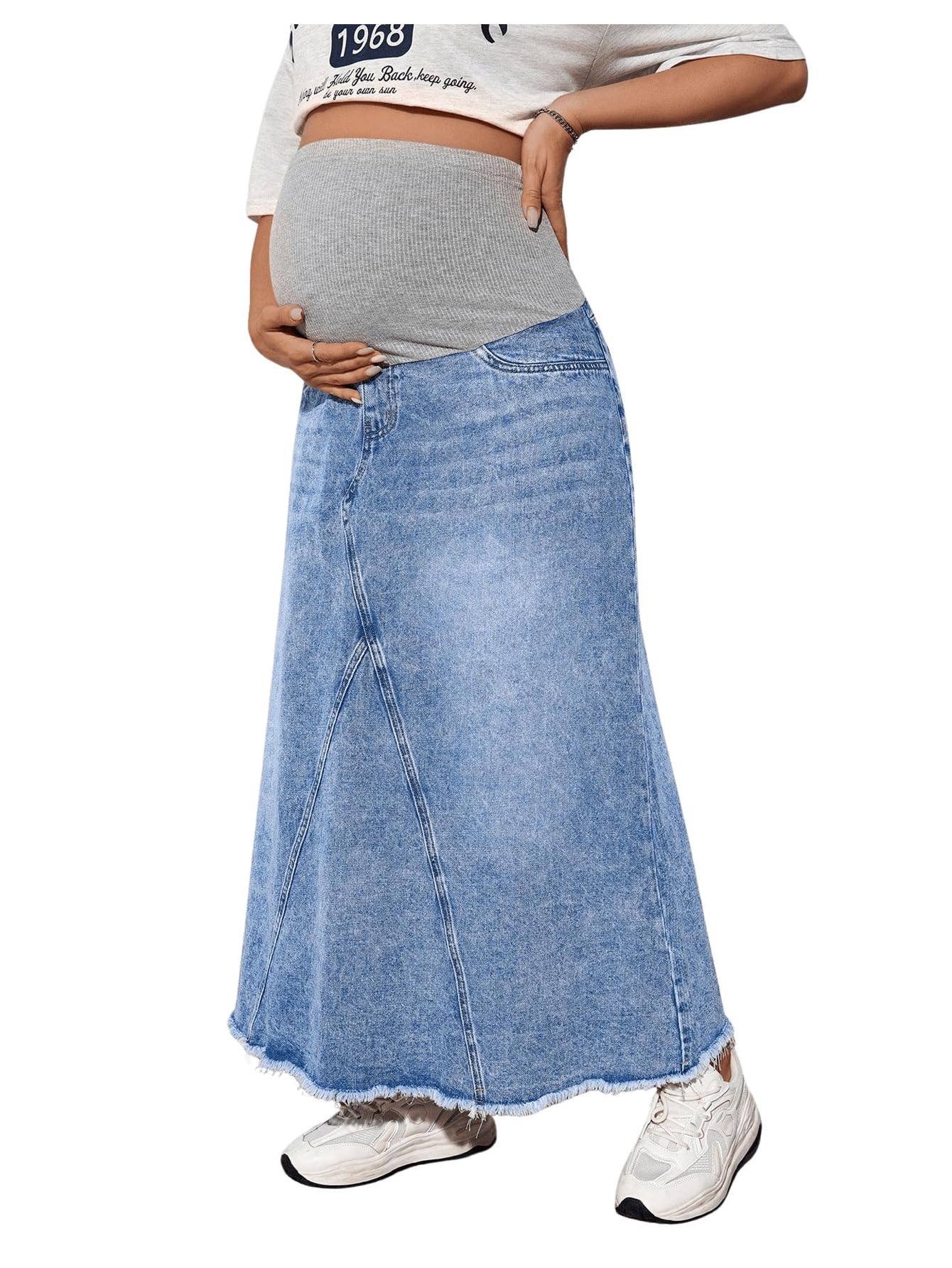 Stylish Women's Maternity Denim Skirt - High Waisted A-Line Maxi Jean Skirt for Pregnancy | Comfortable & Fashionable for Work, Casual Outings & Special Occasions