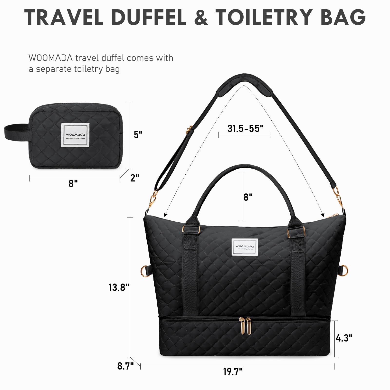 WOOMADA Women's Weekender Bag - Large Carry-On Travel Duffel with Shoe Compartment & Toiletry Bag (Black) | Perfect for Weekend Getaways, Business Trips & Gym Use