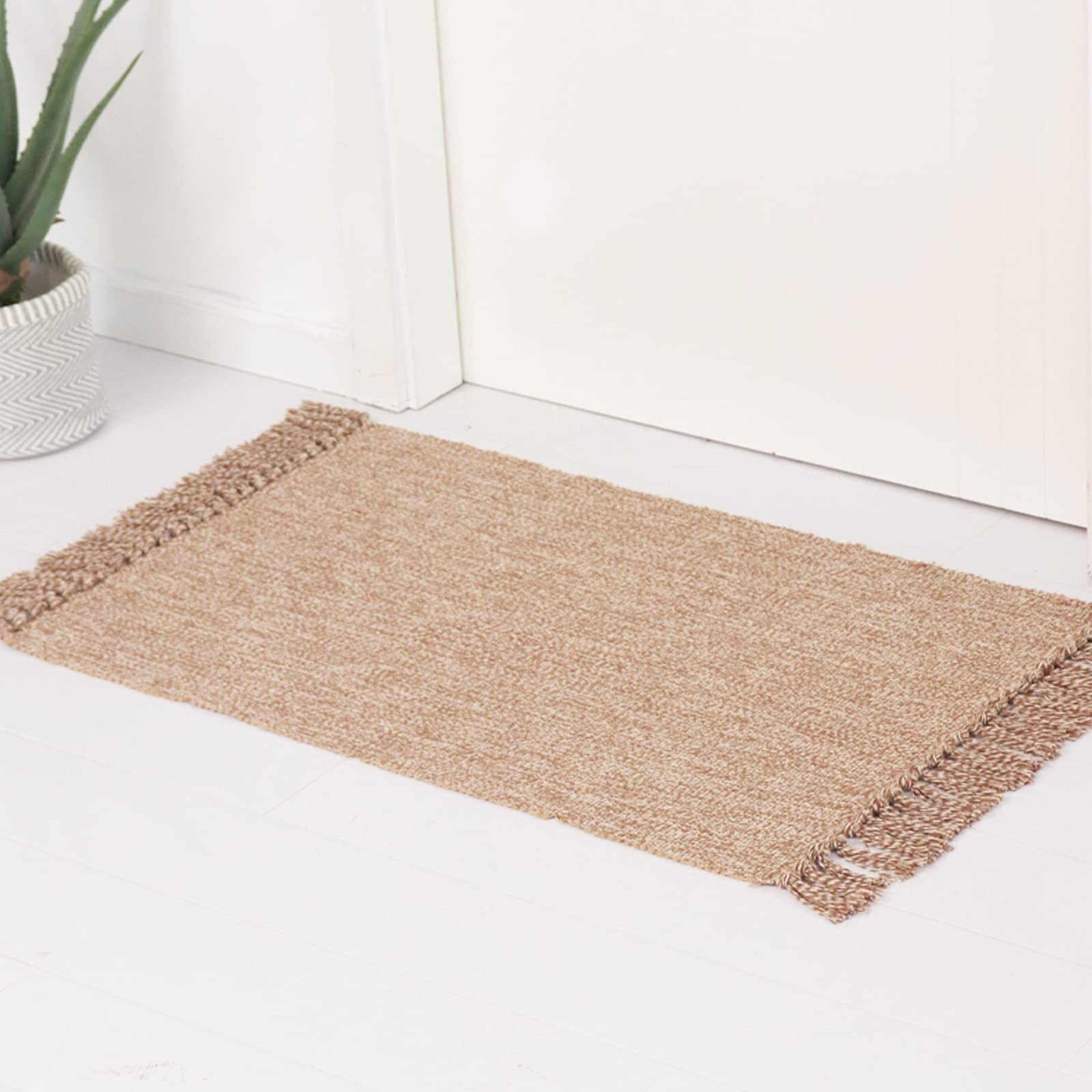 Boho Vintage Coffee Bathroom Rug - Handwoven Cotton Nordic Entryway Rug with Tassels | 2x3 Feet Non-Slip Floor Mat for Bathroom, Kitchen, Porch & Doorway - Perfect for Farmhouse, Boho & Scandinavian Decor