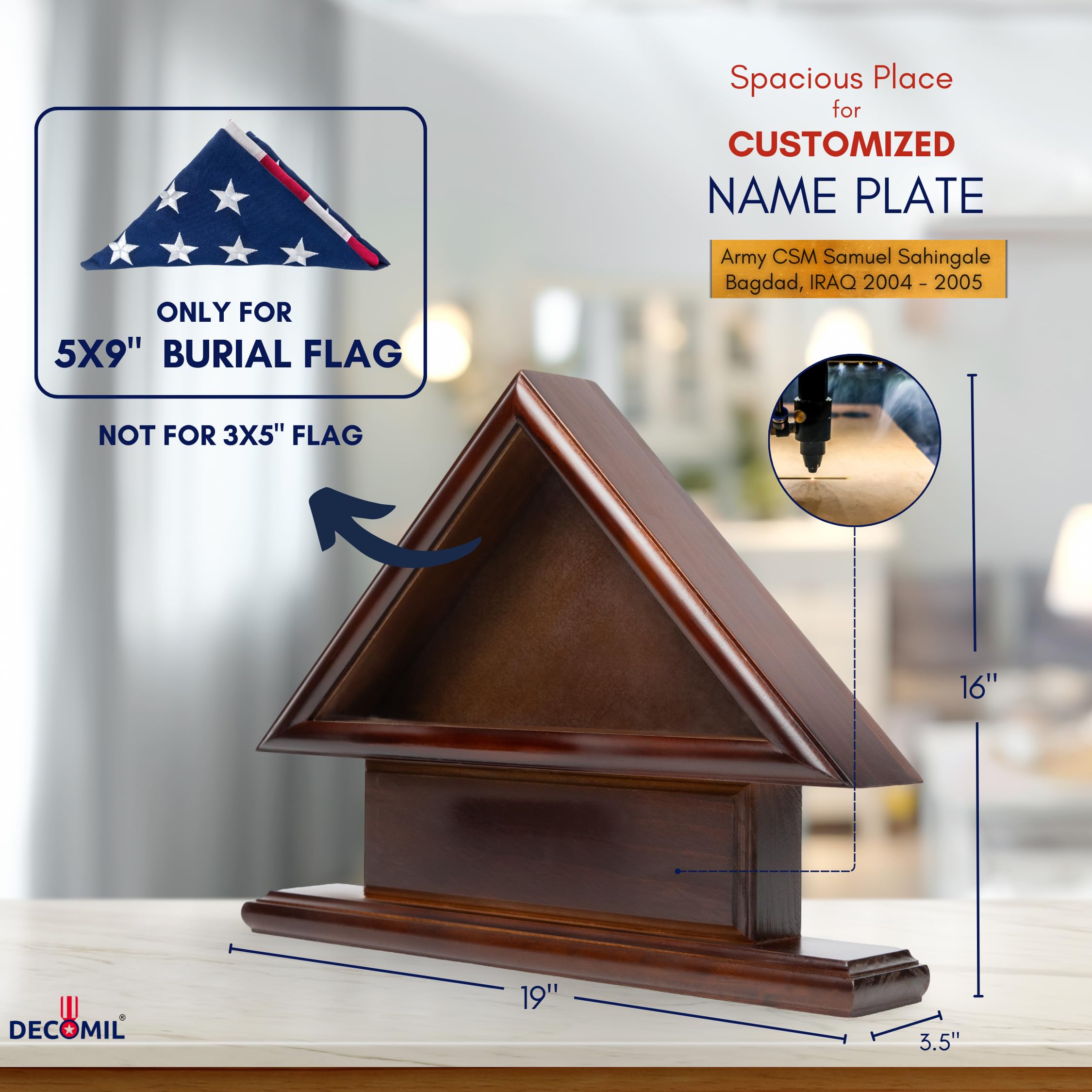 5'x9' Veteran Funeral Burial Flag Case with Personalized Name Plate - Memorial Display for Home, Office, or Military Ceremonies