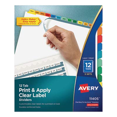 Print and Apply Index Maker - 12 Color Clear Label Dividers with Letter Tabs (5 Sets) - Perfect for Office, School, and Home Organization