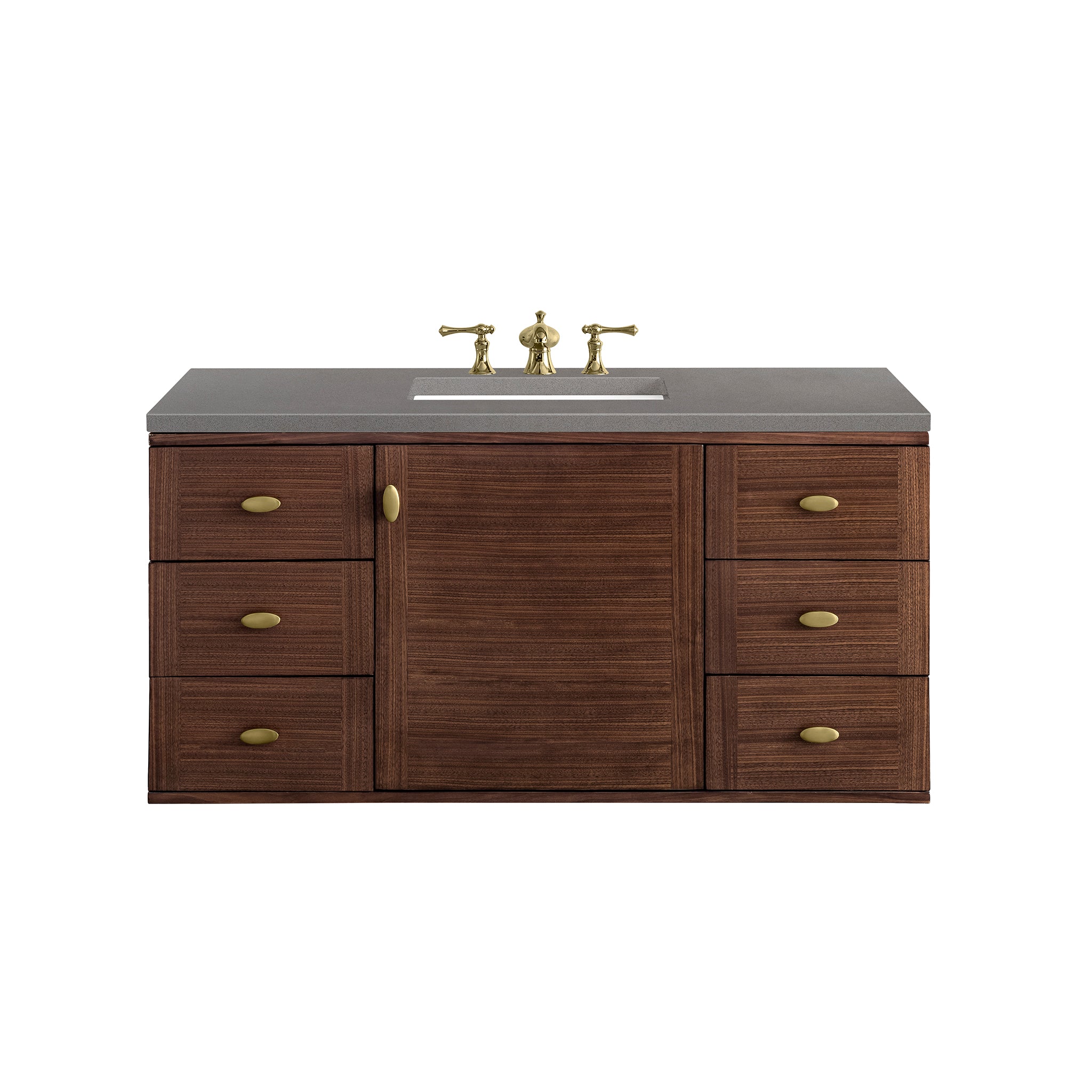 Amberly 48 Inch Single Bathroom Vanity - Mid Century Modern Walnut Wood with 3CM Gray Expo Top for Small Bathroom Remodel & Apartment Upgrade