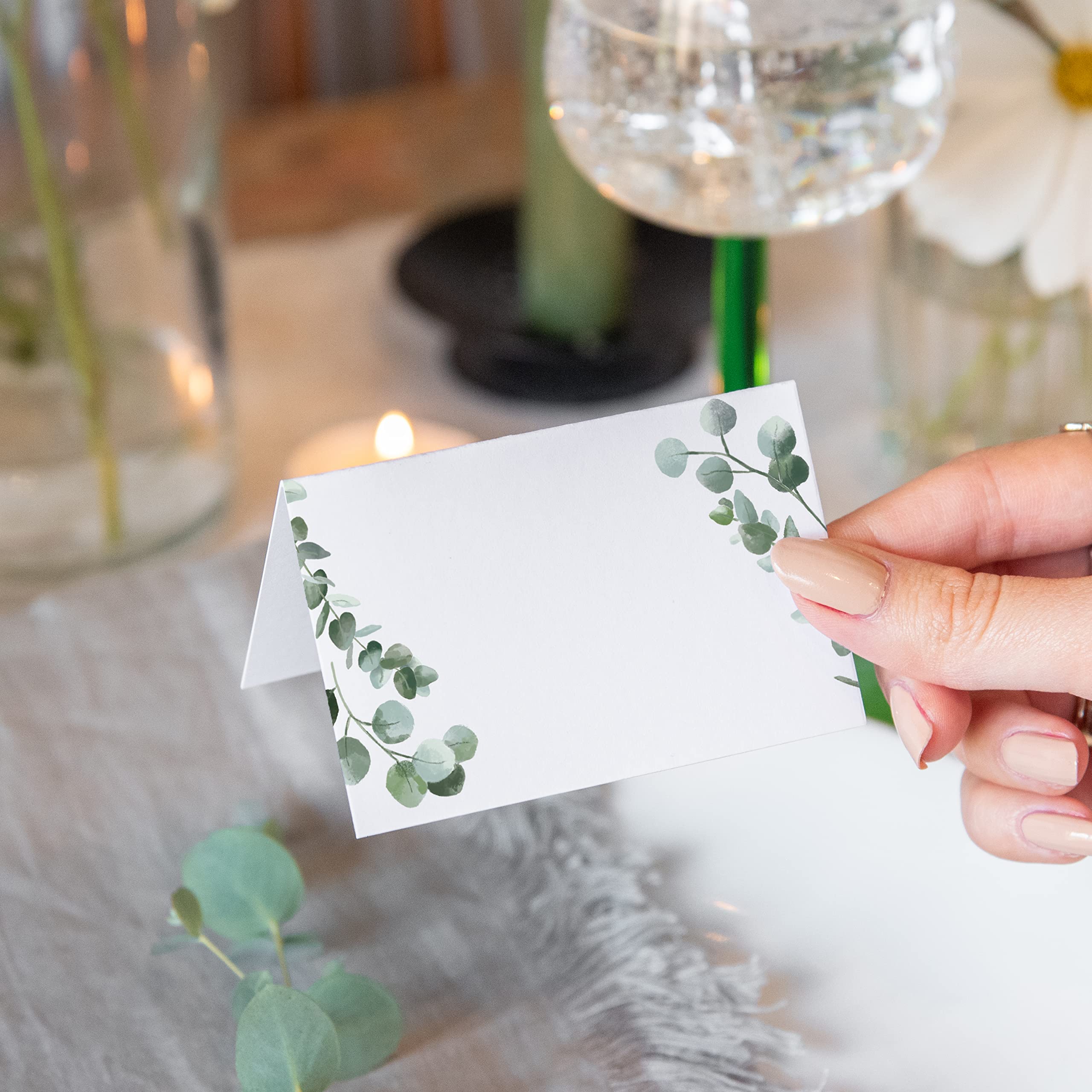 Eucalyptus Name Place Cards for Weddings & Parties - 50-Pack White & Green Folded Table Name Cards for Reception, Birthday, and Table Setting - Elegant Manta Makes Place Cards for Events & Celebrations