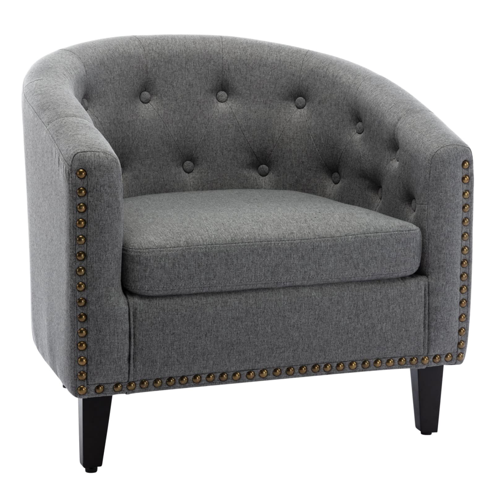 Modern Tufted Linen Fabric Barrel Chair with Black Rubber Wood Legs - Grey Upholstered Arm Club Chair for Living Room, Bedroom & Office | Comfortable Accent Seating for Relaxation, Reading & Small Meetings