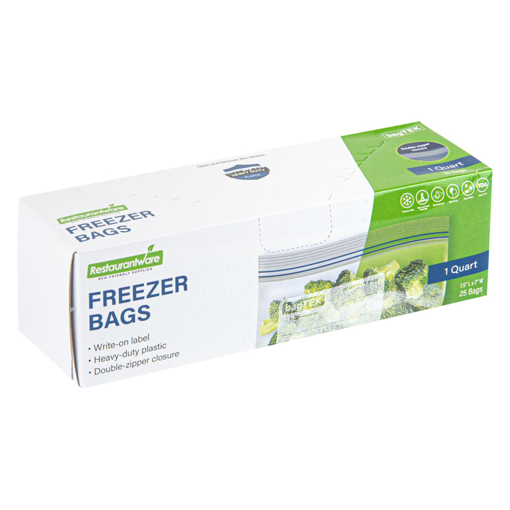 BPA Free 1 Quart Clear Plastic Freezer Bags with Double Zipper & Write-On Labels - 25 Count Box (7.5