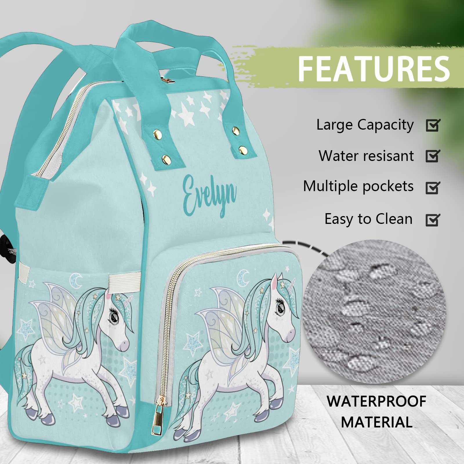 Custom Unicorn Green Diaper Bag Backpack Tote - Personalized Baby Shower Gift for Moms - Perfect for Travel, Daycare & On-the-Go Parenting