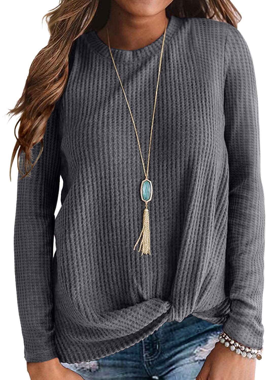 Neineiwu Women's Casual Long Sleeve Twist Knot Waffle Knit Shirt - Loose Blouse Top for Everyday Wear, Office & Date Night Outfits