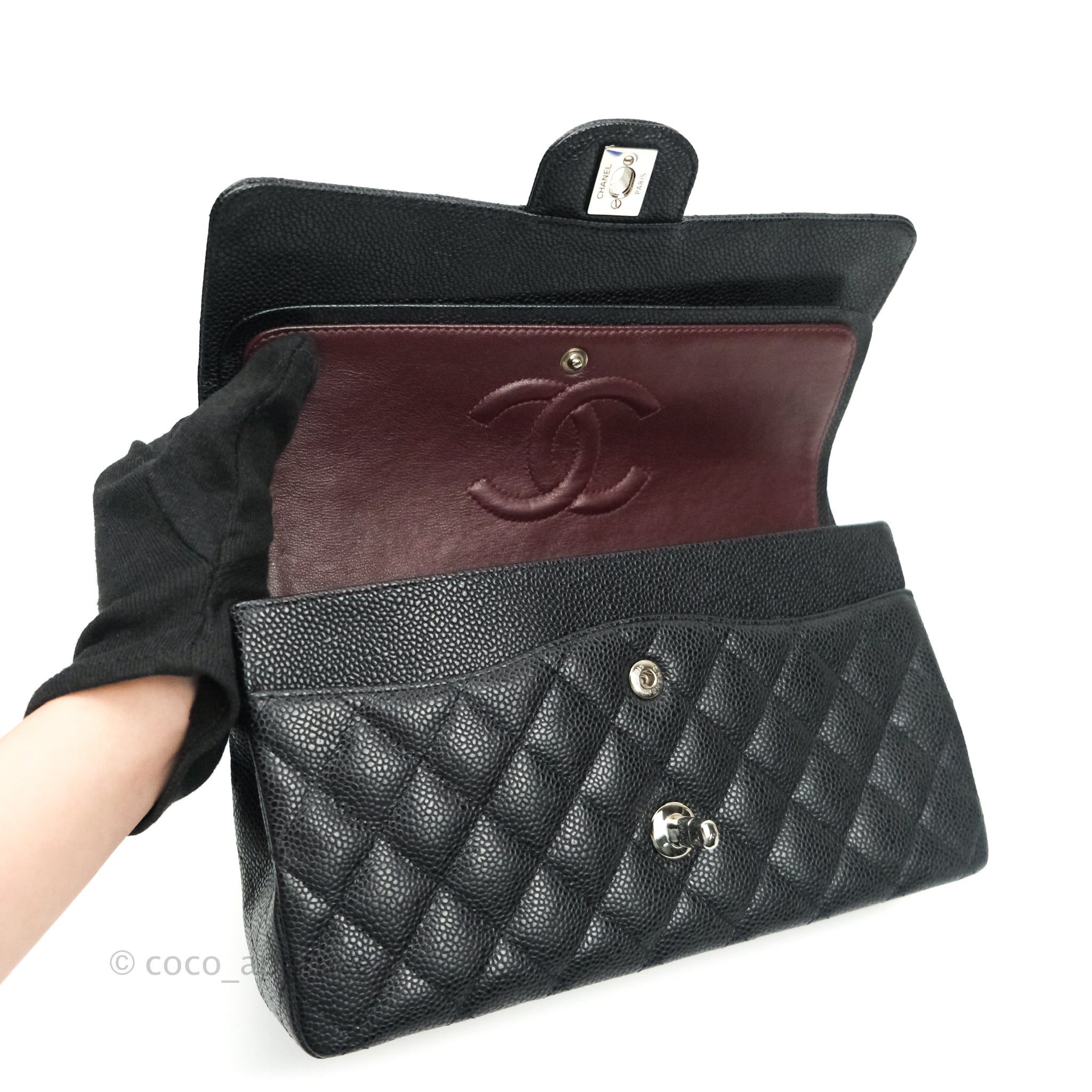 Chanel Classic Medium Double Flap Bag Black Caviar Leather with Silver Hardware - Luxury Shoulder Bag for Women, Perfect for Work, Evening Events & Special Occasions