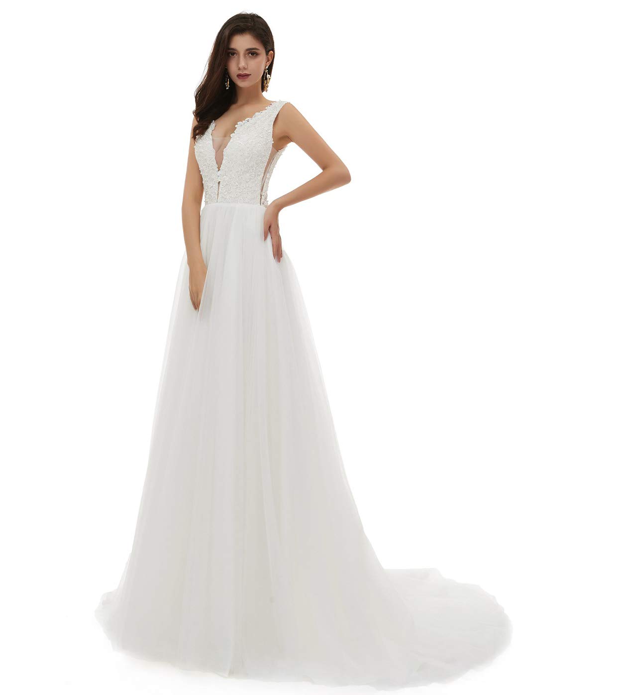 Elegant Women's V-Neck Beaded Lace Applique Wedding Dress for Beach Bridal, Boho Chic Summer Ceremony & Photoshoot